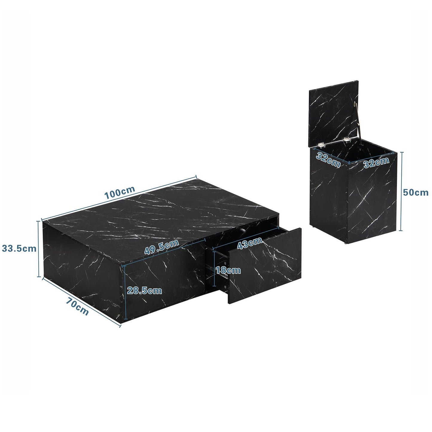 Table basse,Table d'appoint de canapé,Lot de 2 tables basses modernes noires,Table basse carrée avec tiroirs,Table basse motif marbre,Table basse modulable,Table basse 100x33,5x70cm et 32x32x50cm
