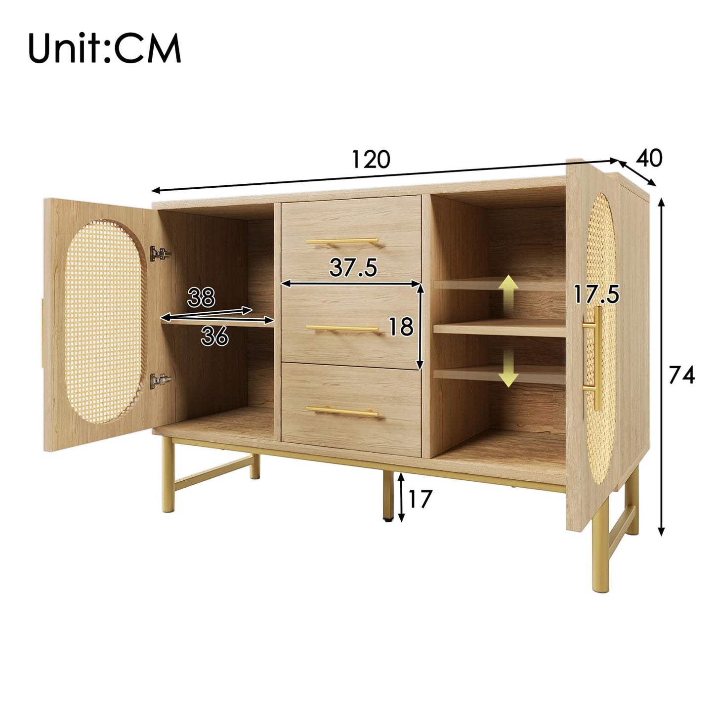 Buffet,Meuble de Rangement,Armoires de cuisine,Buffet avec 3 tiroirs et 2 portes en rotin, étagères réglables,Commode avec poignées et pieds en métal,Protection anti-basculement,120 x 40 x 74 cm