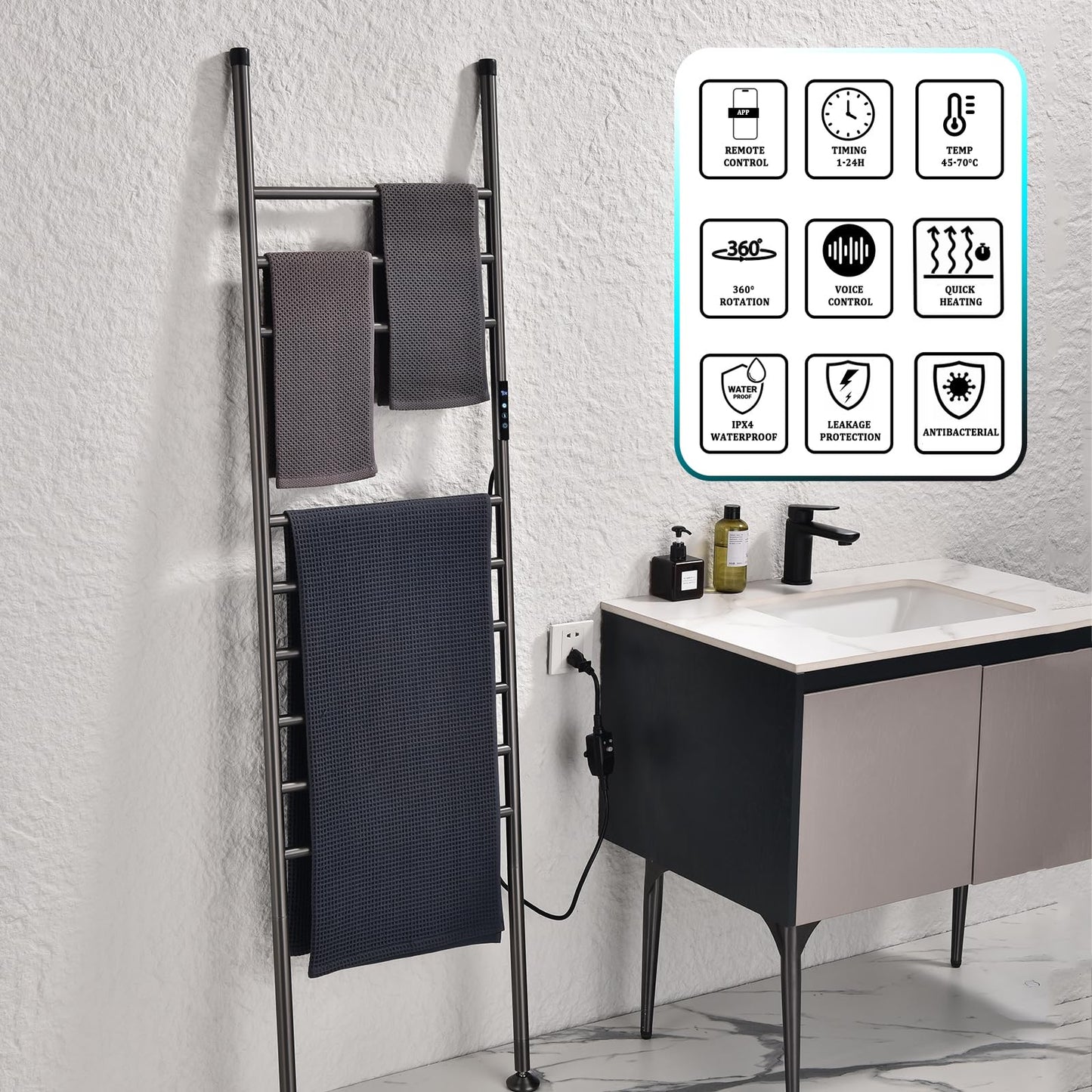 Sèche-Serviette Électrique 110W Porte-Serviettes sur Pied Gris WiFi Intelligent Commande Vocale Chauffe-Serviettes avec Minuterie 45—70°C Chauffant Électrique Radiateur de Salle de Bain 160*45CM