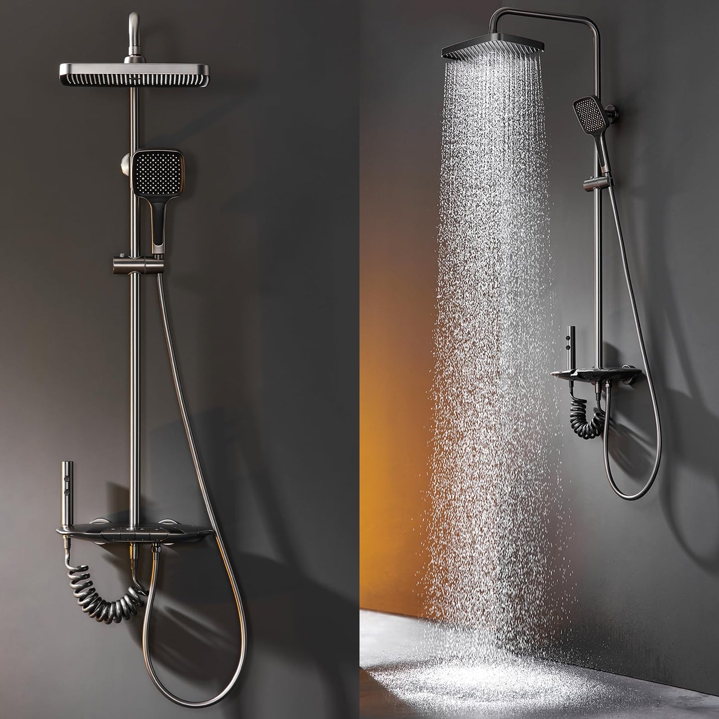 Colonne de Douche Thermostatique, Système de Douche avec Affichage Numérique LED Ensemble de Douche avec 32 * 20CM Pomme de Douche e Douchette à 3 Modes, Bec Baignoire, Bidet Douche (Gris Pistolet)