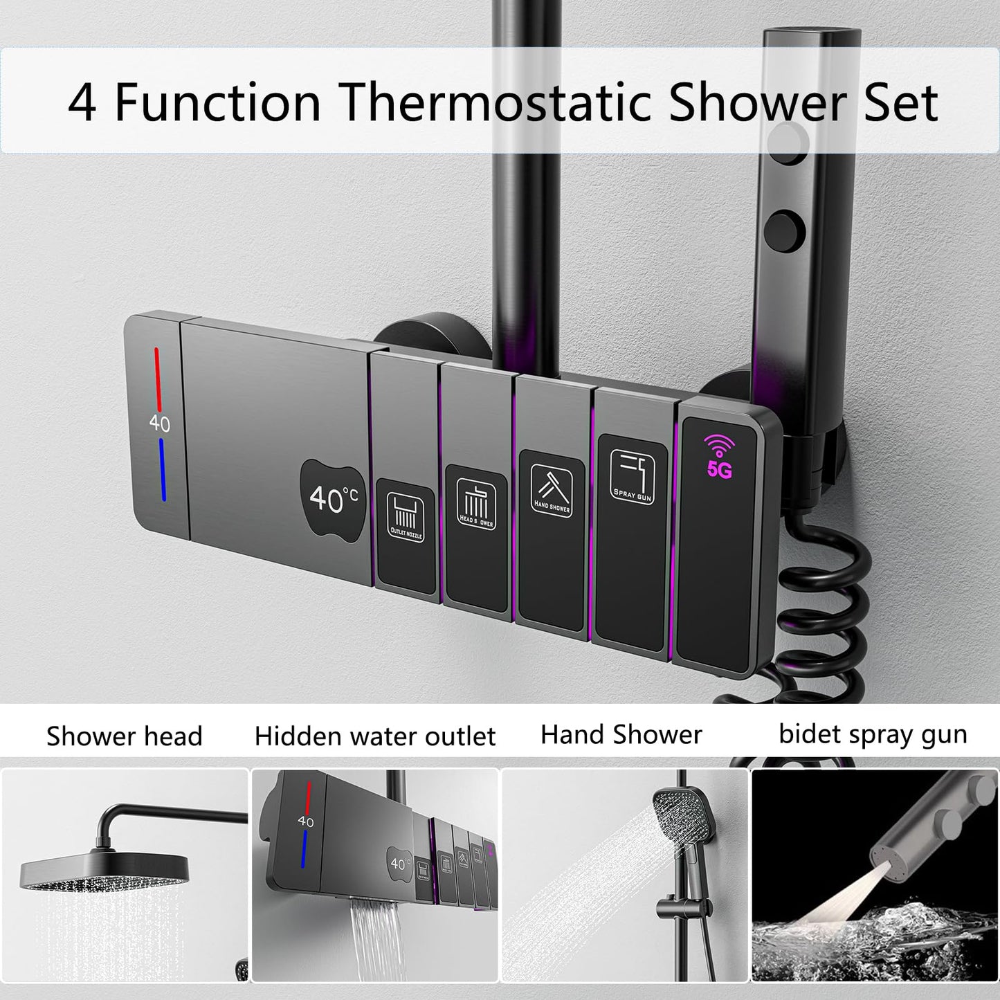 OihPaw Colonne De Douche Thermostatique avec Lumière Ambiante Systeme de Douche Hauteur Réglable pour Salle de Bain, Mitigeur Douche avec Douchette et Pommeau de Douche