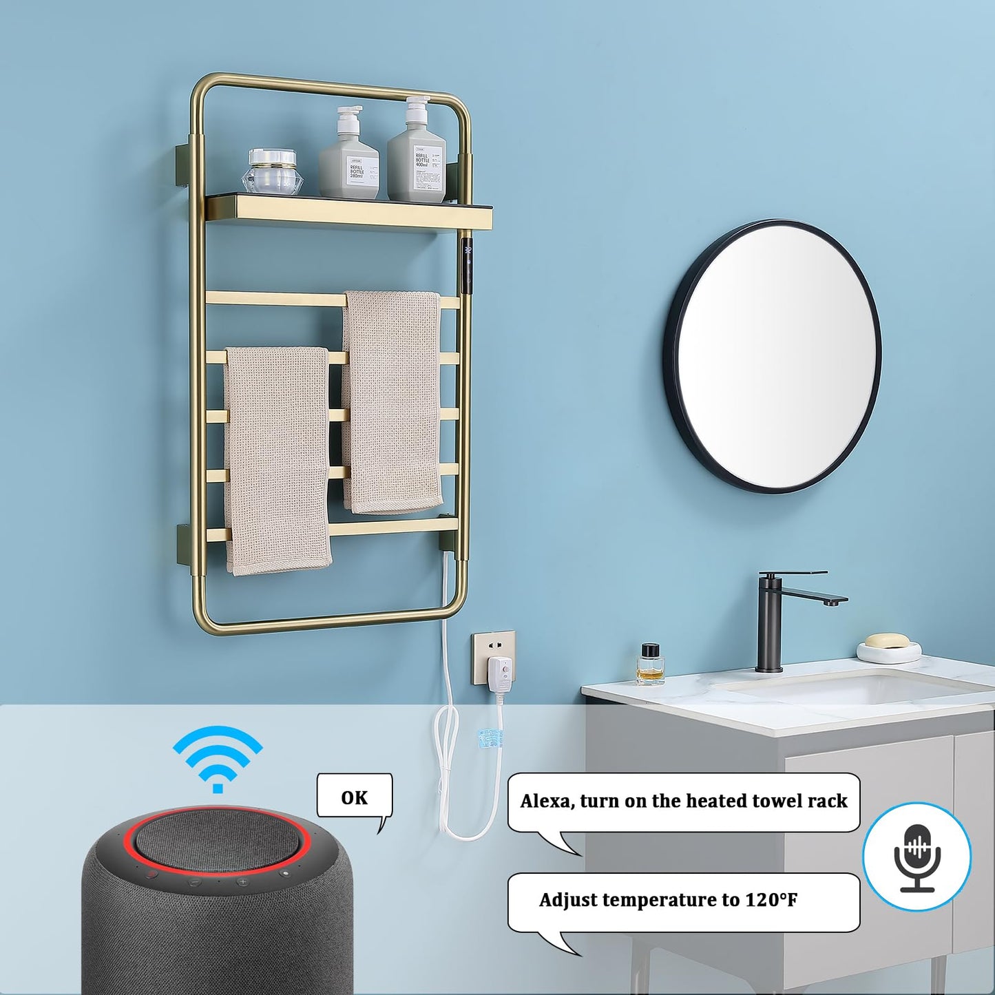 Sèche-Serviettes Électrique Intelligent WiFi Commande Vocale avec Étagère Pliable, avec Minuterie, 45-70 °C, 5 Barres 65 W Porte-Serviettes Chauffant, 85x50CM Radiateur De Salle De Bain