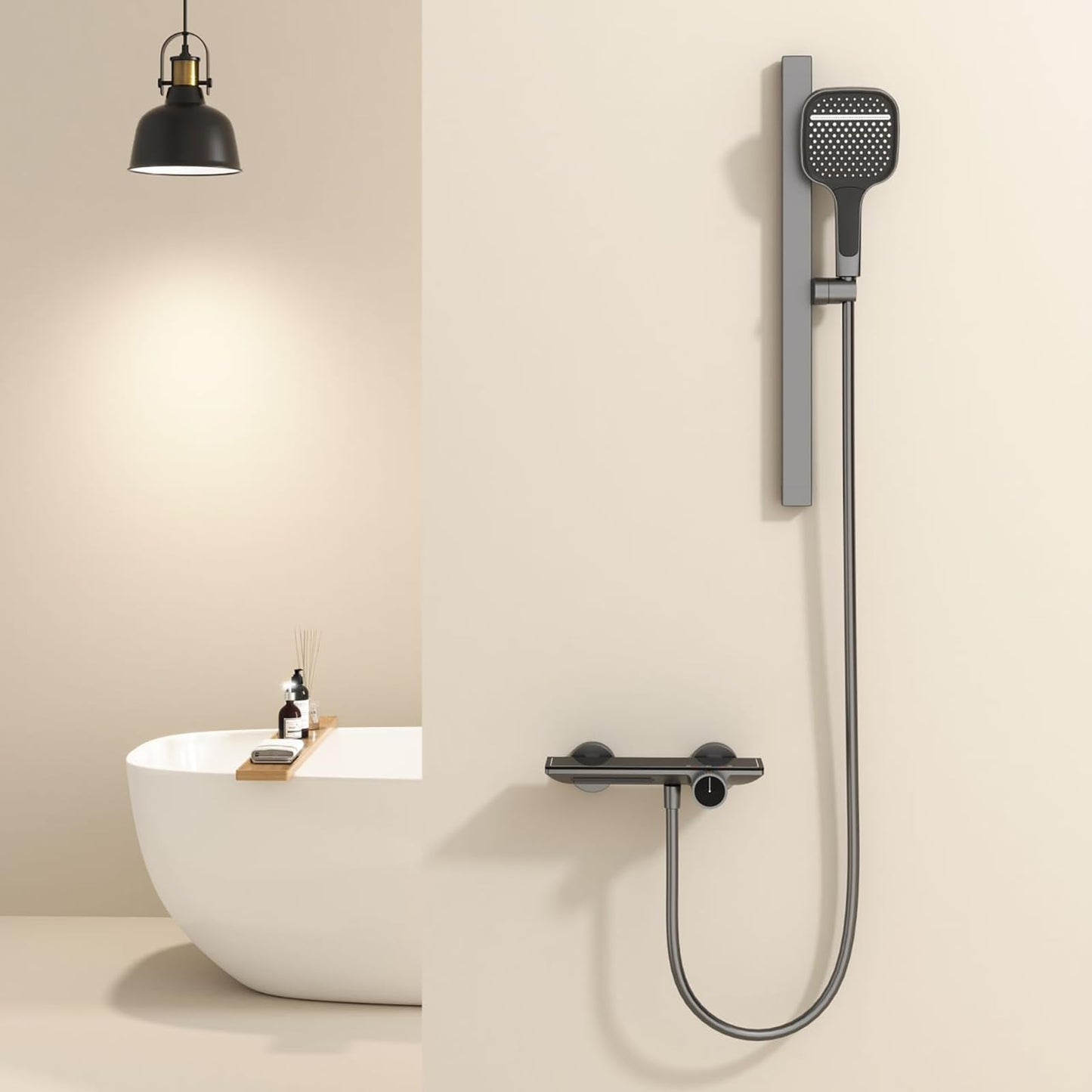 Robinet de Baignoire avec Douchette 3 Jets, Mitigeur Baignoire Cascade Laiton Mitigeur de Baignoire Mural Gris Pistolet Robinet Baignoire avec 150cm Tuyau et Tringle de Douche Réglable