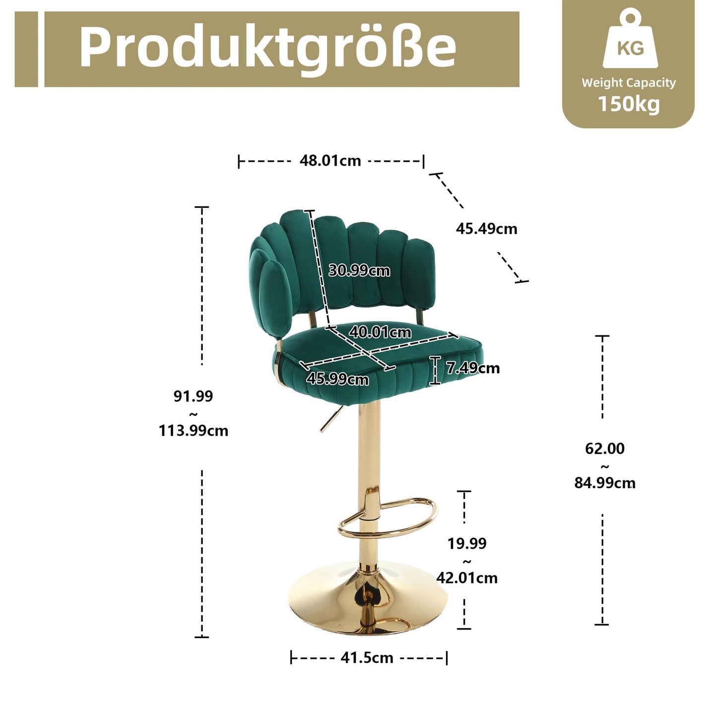 Tabouret Bar Lot de 2 Pivotants Velours Chaise de Bar à Hauteur Comptoir avec Dossier, Repose-pieds, Chaise Haute Bar Comptoir Réglables, Chaises D'îlot pour Salle à Manger, Noir/Gris/Ivoire/Émeraude