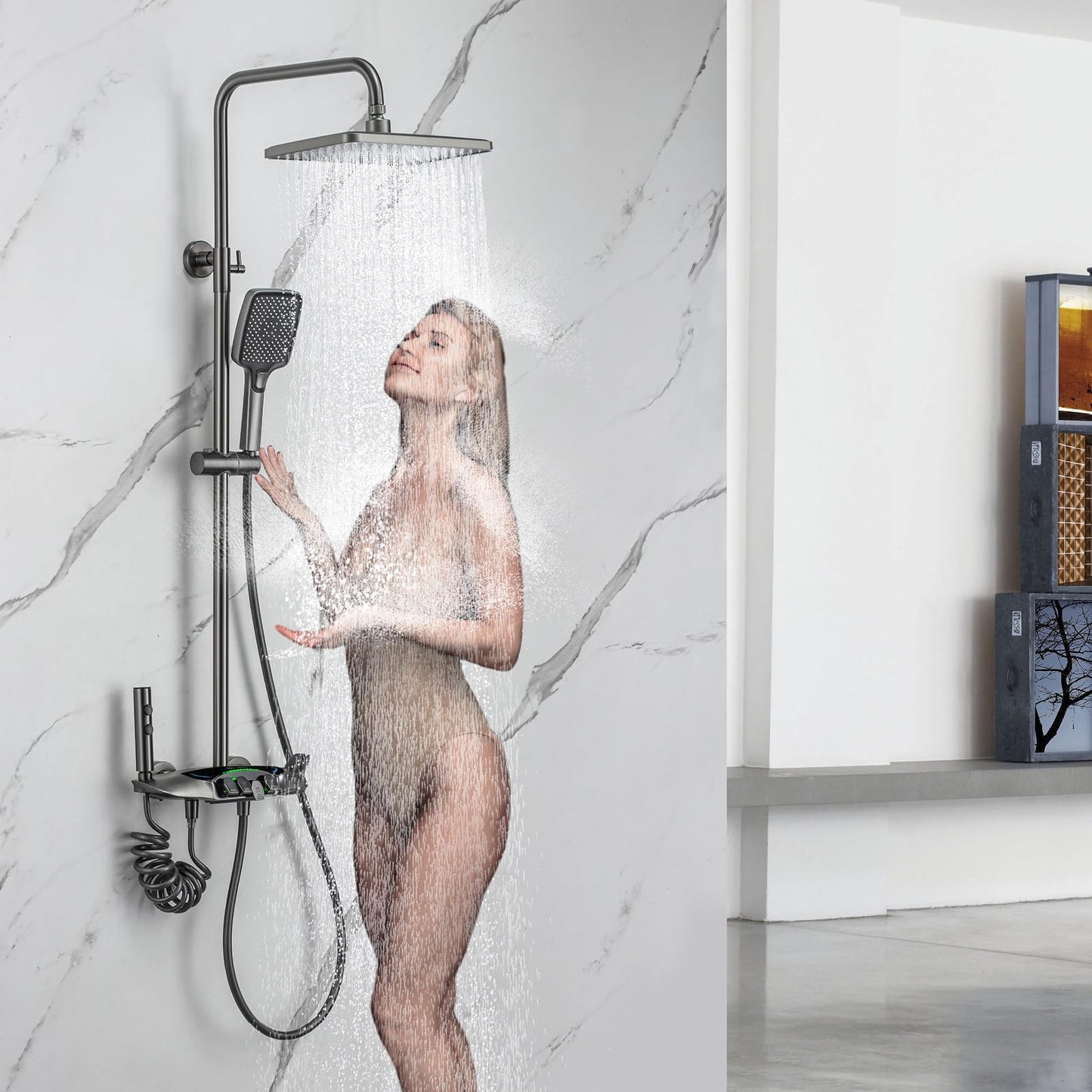 Colonne de Douche Thermostatique, Système de douche mural Piano Key avec affichage numérique LED, Douche de tête 30x20cm, Douchettes, Robinets de Baignoire, Pulvérisateurs de Bidet Gris pistolet