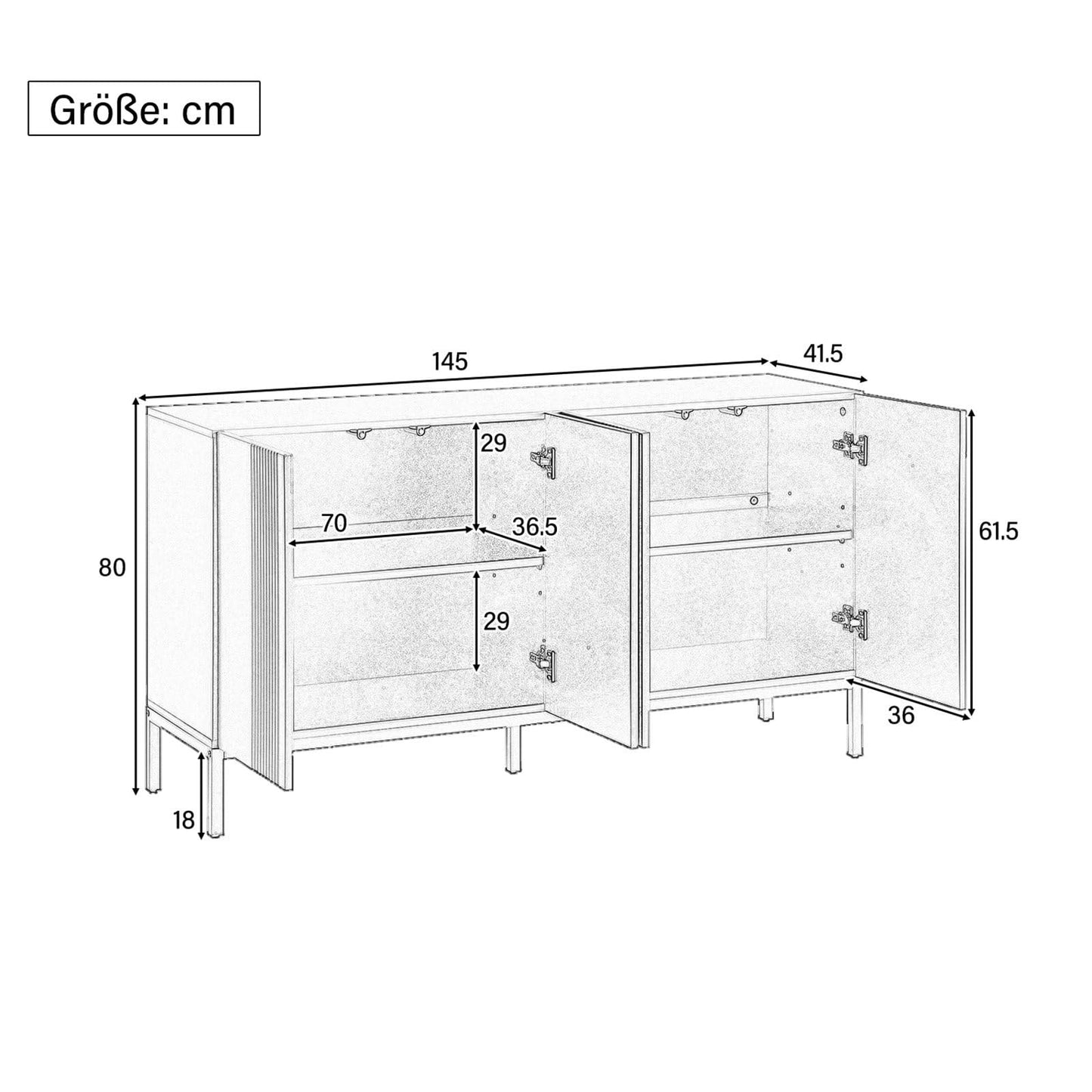 Sideboard mit 4 Türen, Küchenschrank, Mehrzweckschrank für Wohnzimmer, Kommode, 4-türig grifflose Tür, Metallrahmen, Regal Höhenverstellbar, Hohe Tragfähigkeit, 145 x 80 x 41.5 cm (B/H/T)