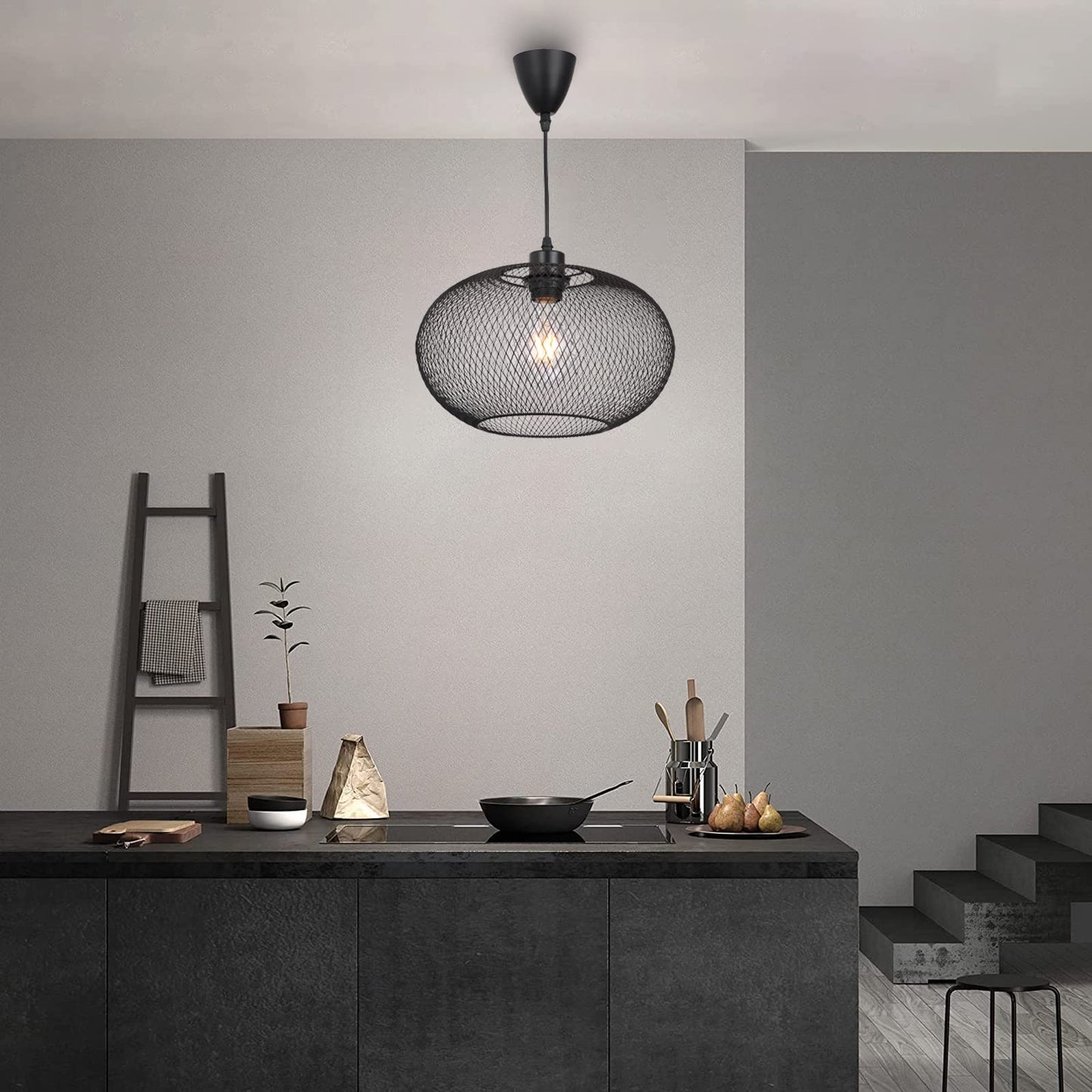 Plafonnier rétro, Lustre de ferme noir, Plafonnier Suspension Abat-jour, Métal Lampe Suspension, Pendante Suspension Luminaire Industriel, Ø310mm, max 60W, pour chambre salle à manger salon couloir-C