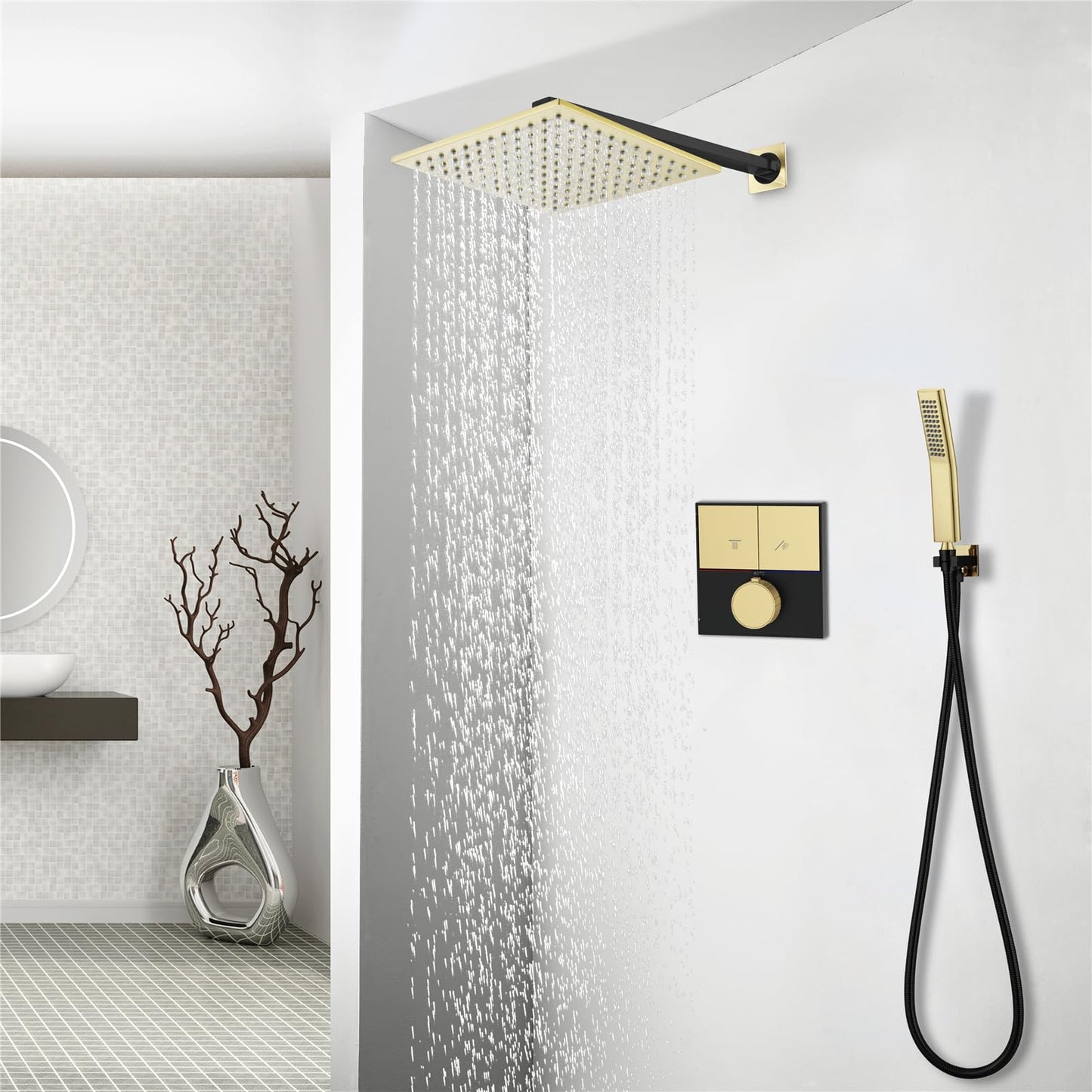 Colonne de Douche Thermostatique,Système de Douche Encastré Ensemble de Douche Or Brossé et Noir Colonne Douche Encastrable Set de Douche avec 25cm Pommeau de Douche,Douchette