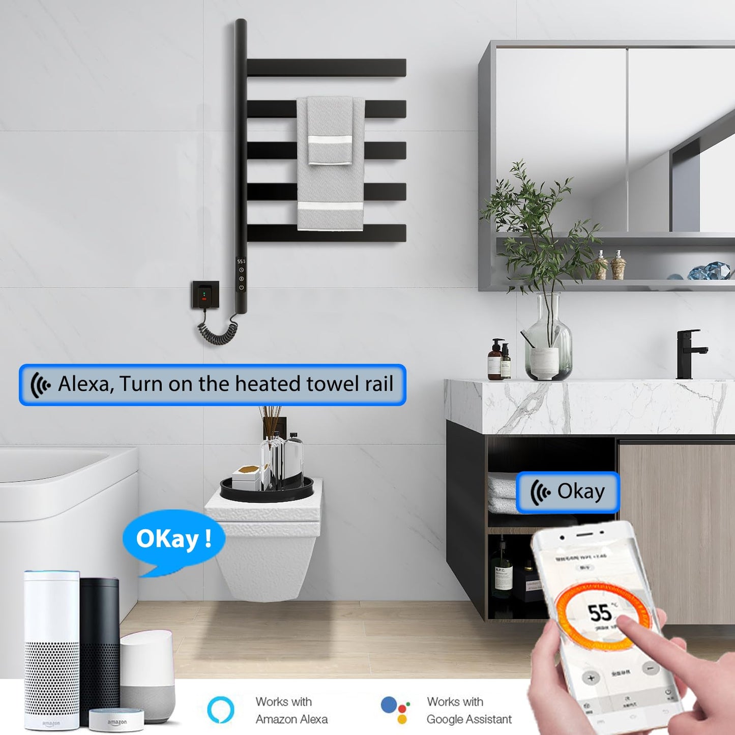 OihPaw Sèche-serviette électrique,Rotation à 180° Chauffe-Serviettes à Thermostat Intelligent WiFi,675x450mm Radiateur Salle Bain