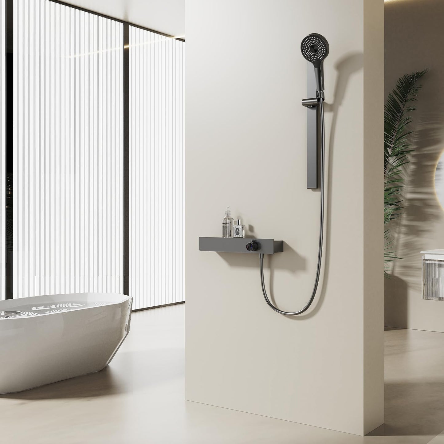 Robinet de Baignoire avec Douchette 3 Jets, Mitigeur Baignoire Cascade Mitigeur de Baignoire Mural Robinet Baignoire avec 150cm Tuyau et Tringle de Douche Réglable (Gris Pistolet)