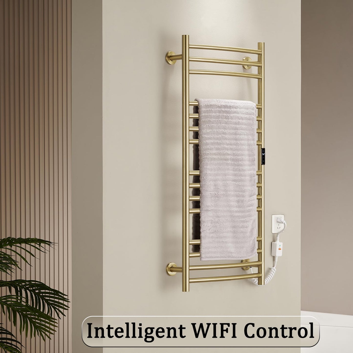 OihPaw Sèche-serviette électrique Or Brossé WiFi Intelligent 185 W Porte-Serviettes Chauffant Électrique 1100 * 600 mm Acier Inoxydable Radiateur de Salle de Bain avec 15 Tiges Courbées