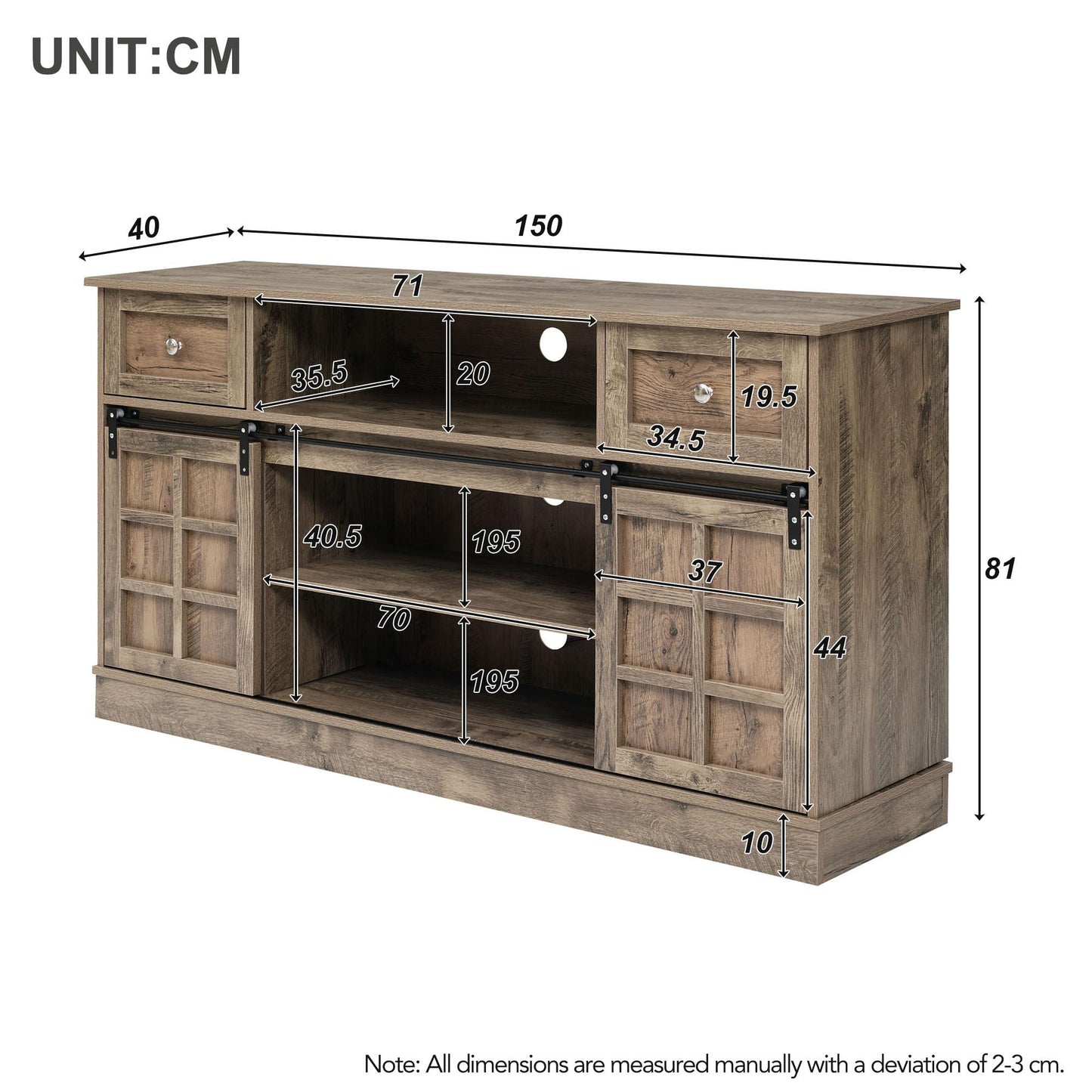 Meuble TV 150 cm Longueur Banc TV Gris Marron avec 2 Portes Coulissantes, 9 Compartiments de Rangement, 2 Tiroirs, Éclairage LED 16 Couleurs, Style Ferme Rétro en Grain de Bois pour TV Jusqu'à 60"