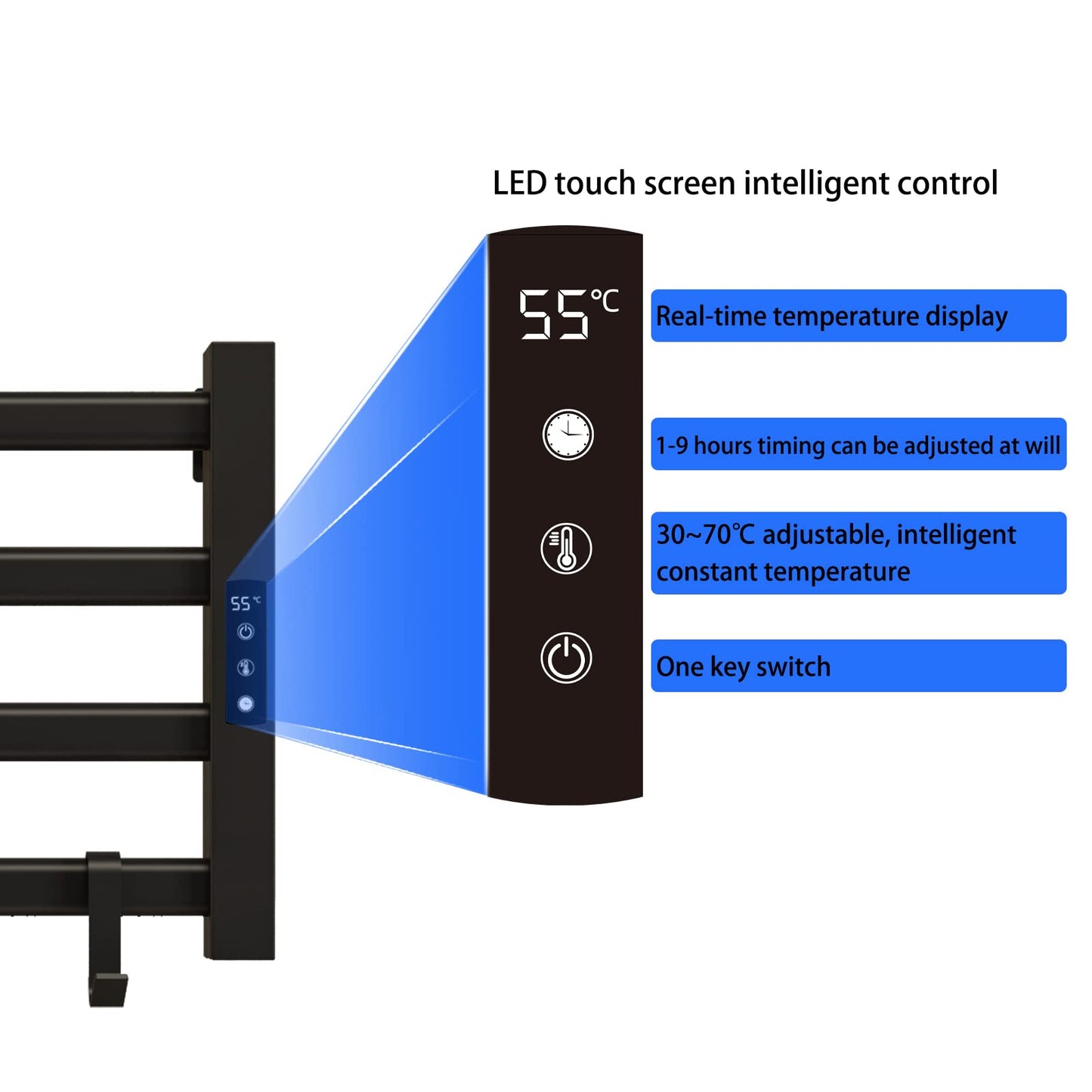 OihPaw Sèche-serviette électrique,550x350mm Porte Serviettes Chauffant Porte-serviettes électrique intelligent, Étanche IP24, Réglage de la température 30℃-70℃, 1-9H de chronométrage