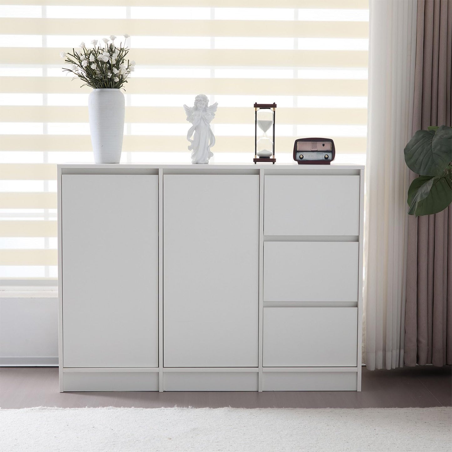 Meuble de Rangement, Buffet de Cuisine avec 2 Portes et 3 Tiroirs, Armoire de Salon Conception sans Poignée, Étagère Rangement Étagères Réglables, Charnière Amortissante, 120 x 35 x 90 cm