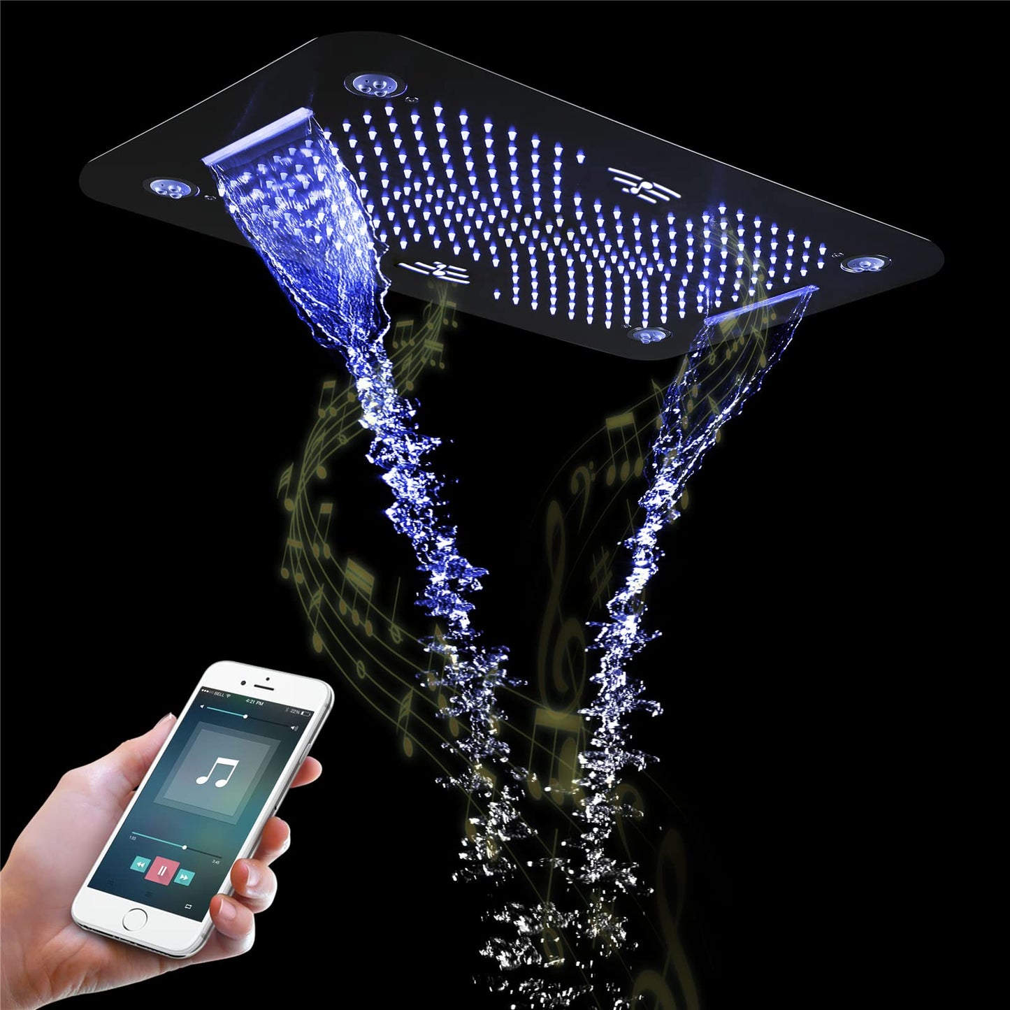 Colonne de Douche Thermostatique Système de Douche Encastrable, Musique 64 Couleurs LED Ensemble de Douche avec 6pcs 50 mm Buse de Massage, Noir Colonne Douche avec 580 * 380 mm Tête de Douche