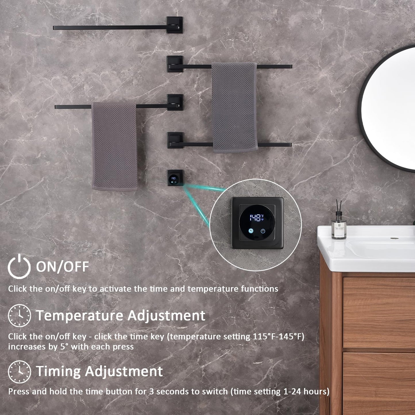 Sèche-Serviettes Électrique avec 4 Barres Porte-Serviettes électrique Noir à 180°, 75W 51 * 70cm Mural Chauffe-Serviettes Intelligent, écran LED, contrôle Tactile