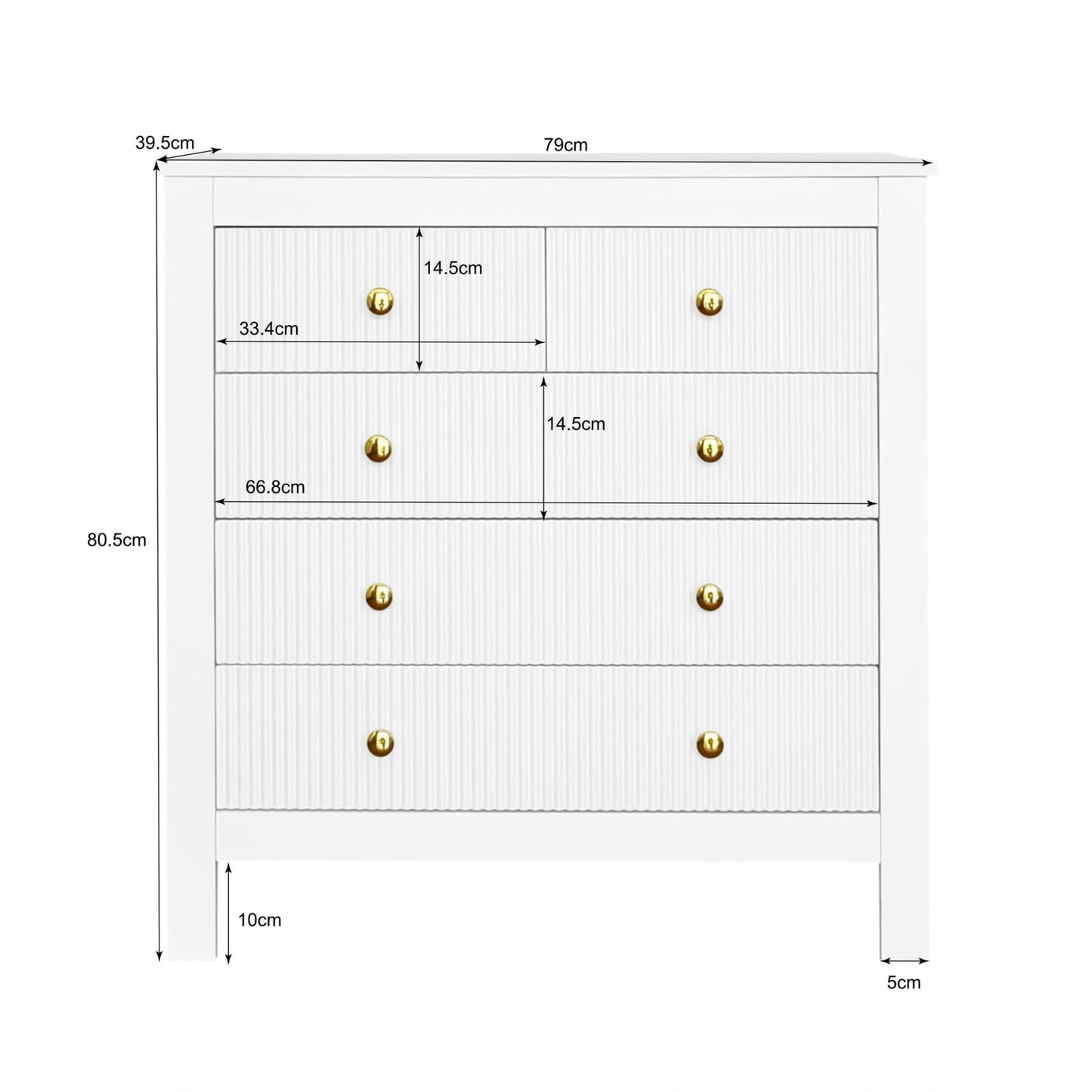 Peiaw Commode,Blanc bahut de Salle a Manger,Commode Verticale à 5 tiroirs,Commode avec poignées dorées, casier, Meuble à Chaussures 79 x 39.5 x 80.5 cm, adapté pour Balcon, Chambre et Bureau