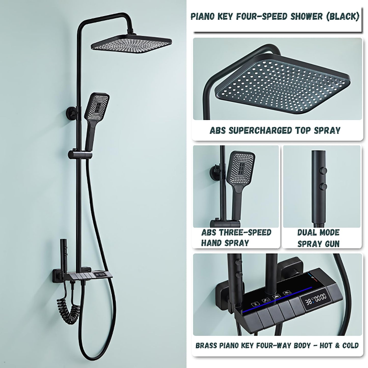 OihPaw Noir Colonne de Douche Piano Mural Système de Douche avec Affichage Numérique LED Ensemble de Douche Hauteur Réglable Kit de Douche avec 32 * 20CM Pomme de Douche e Douchette