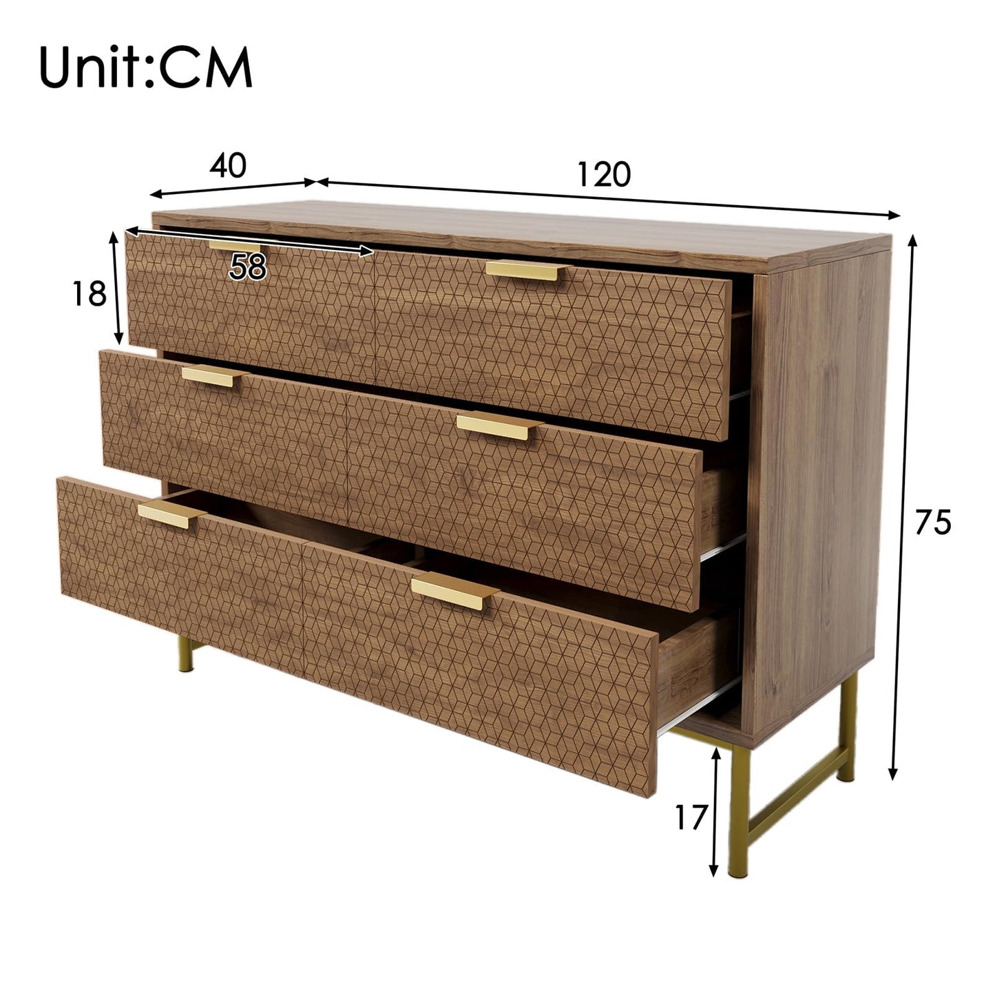 Peiaw Buffet Cuisine,Armoires de Cuisine,Commode,Mobilier Moderne,Buffet avec poignées en métal,Commode avec 6 tiroirs,Anti-basculement,120 x 40 x 75 cm,pour la Cuisine,la Salle à Manger, la Chambre