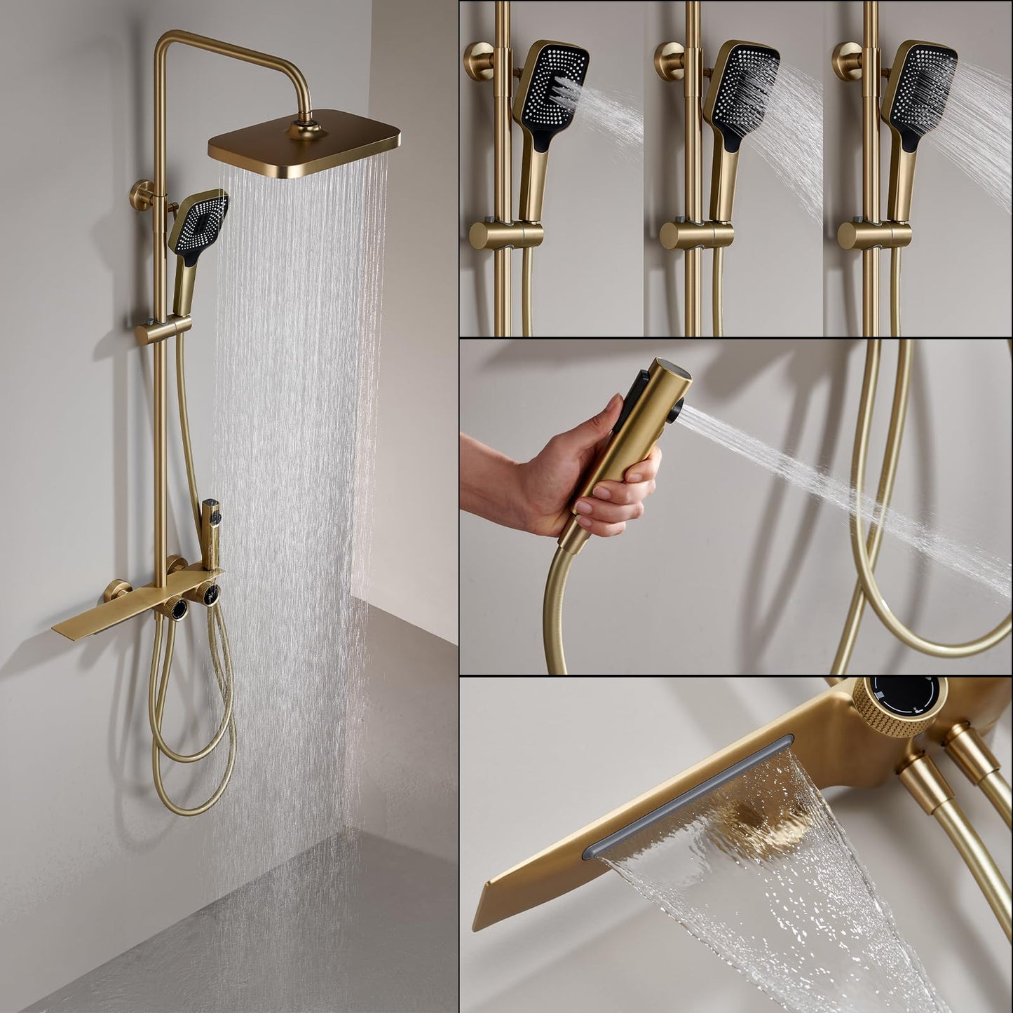 OihPaw Or Brossé Colonne de Douche avec Mitigeur, Système de Douche avec Affichage Numérique LED Ensemble de Douche avec 32 * 20CM Pomme de Douche e Douchette à 3 Modes