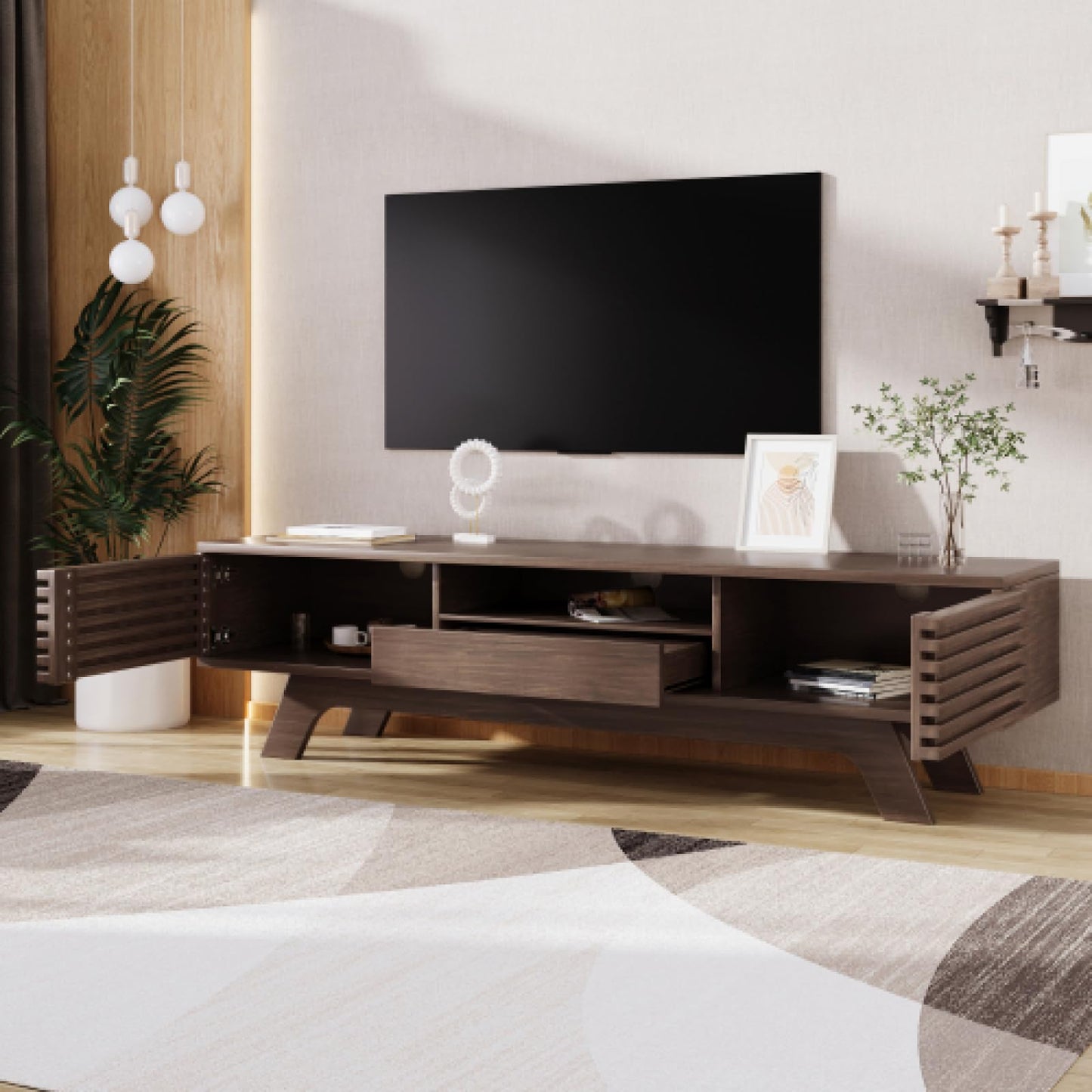 Meuble TV, Table TV avec tiroirs et armoires de Rangement, Meuble TV en Bois de Couleur rétro, Banc TV pouvant contenir jusqu'à 60-69 Pouces, Meuble TV, Meuble TV de Salon Taille 150x40x44,5 cm