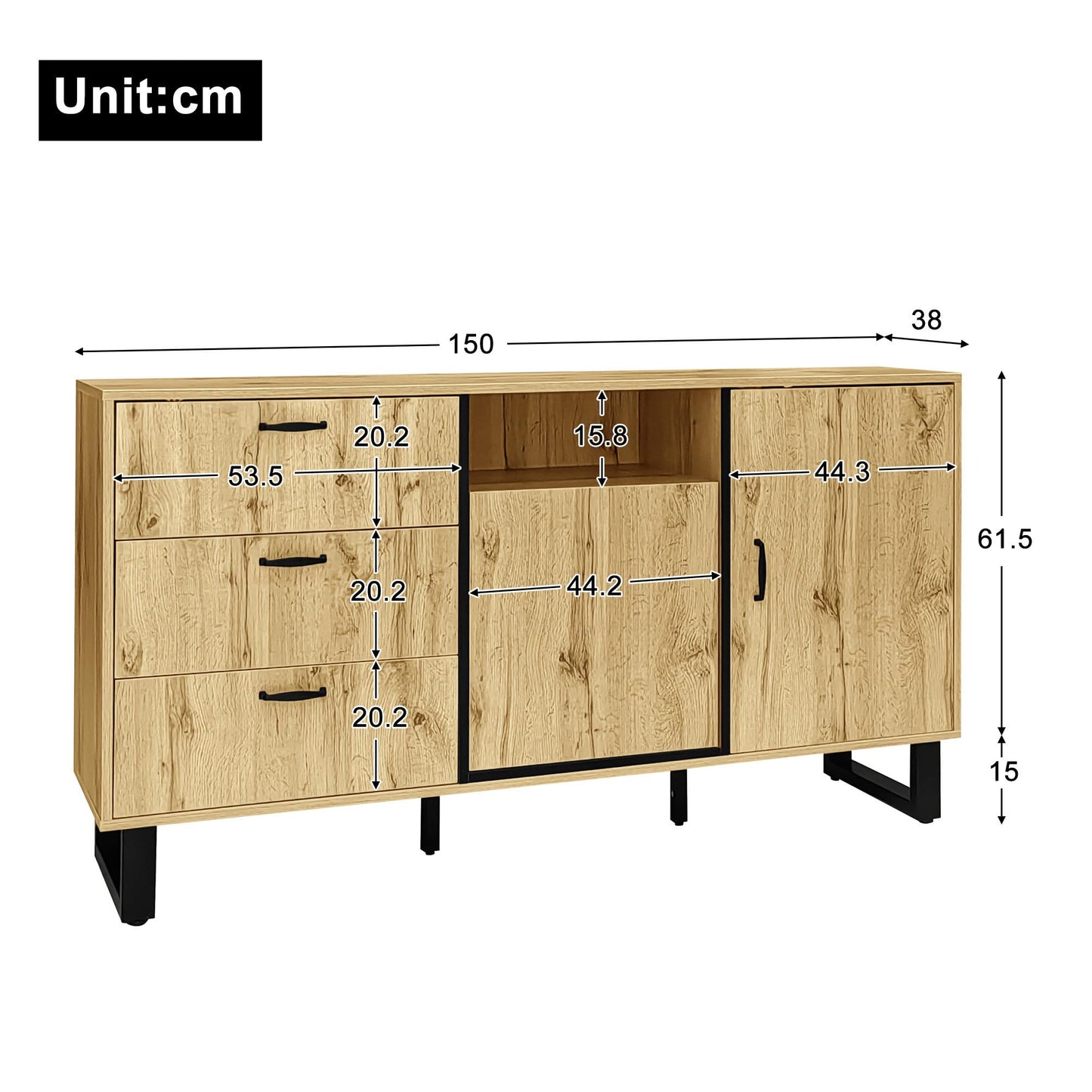SHUGUANG Buffet Rustique Élégant, Commode Chambre à Coucher, Buffet avec 3 Tiroirs, 2 Portes et Compartiment Ouvert, Grand Espace de Rangement, Étagères Réglables, Vitrine en Bois, 150x38x76,5 cm