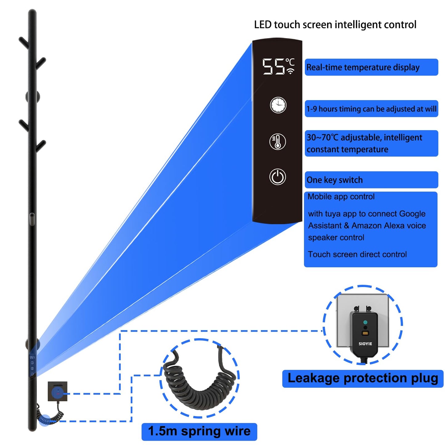 OihPaw Sèche-serviette électrique,Porte-serviettes électrique à tige unique, Serviette Murale Intelligent à Température Constante, Chauffe-serviettes,Sèche Serviettes Électrique,économie d'énergie