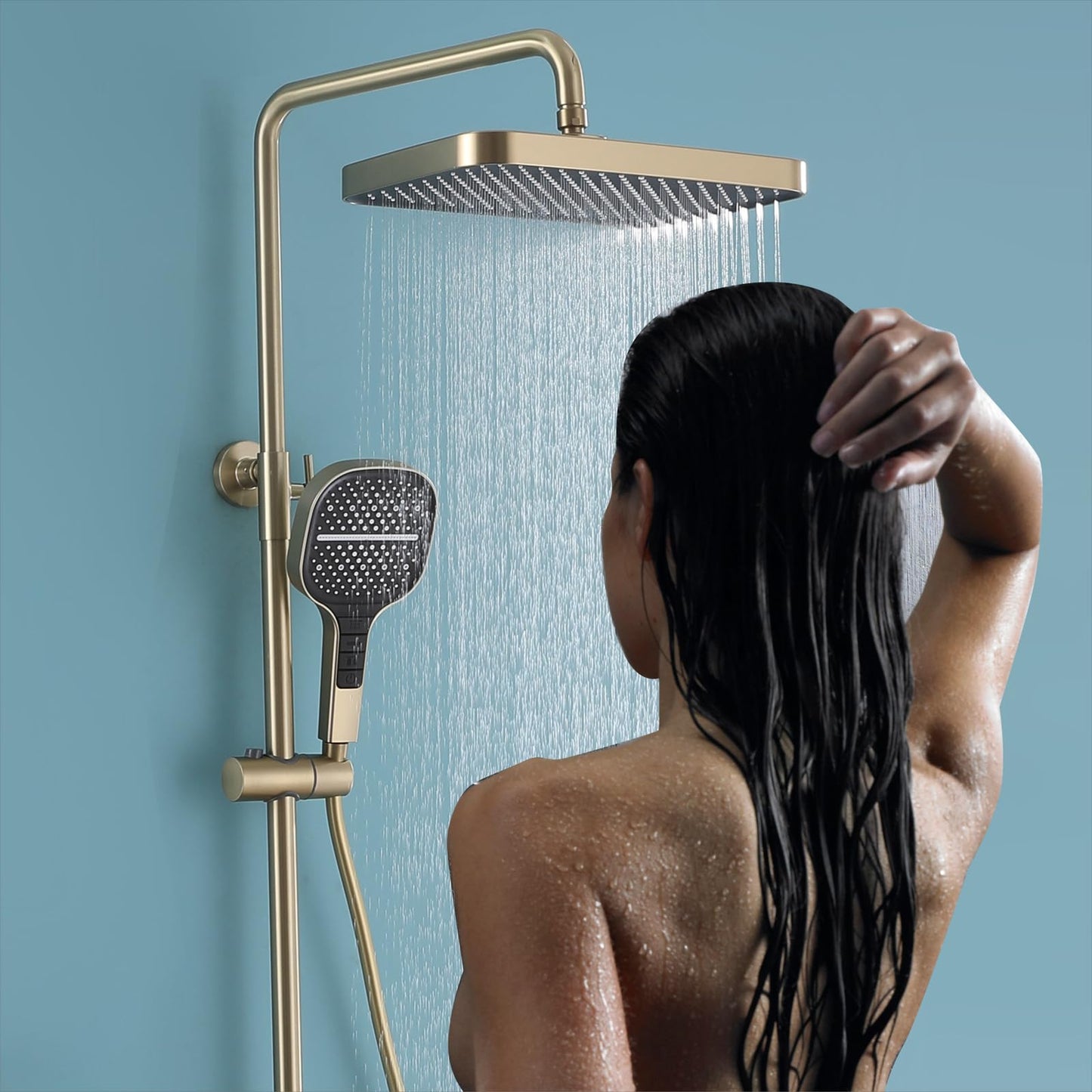 OihPaw Colonne De Douche Thermostatique Or Brossé, SystèMe De Douche Mural Piano Key avec Affichage NuméRique LED, Pommeau De Douche 33x22cm avec Douchette