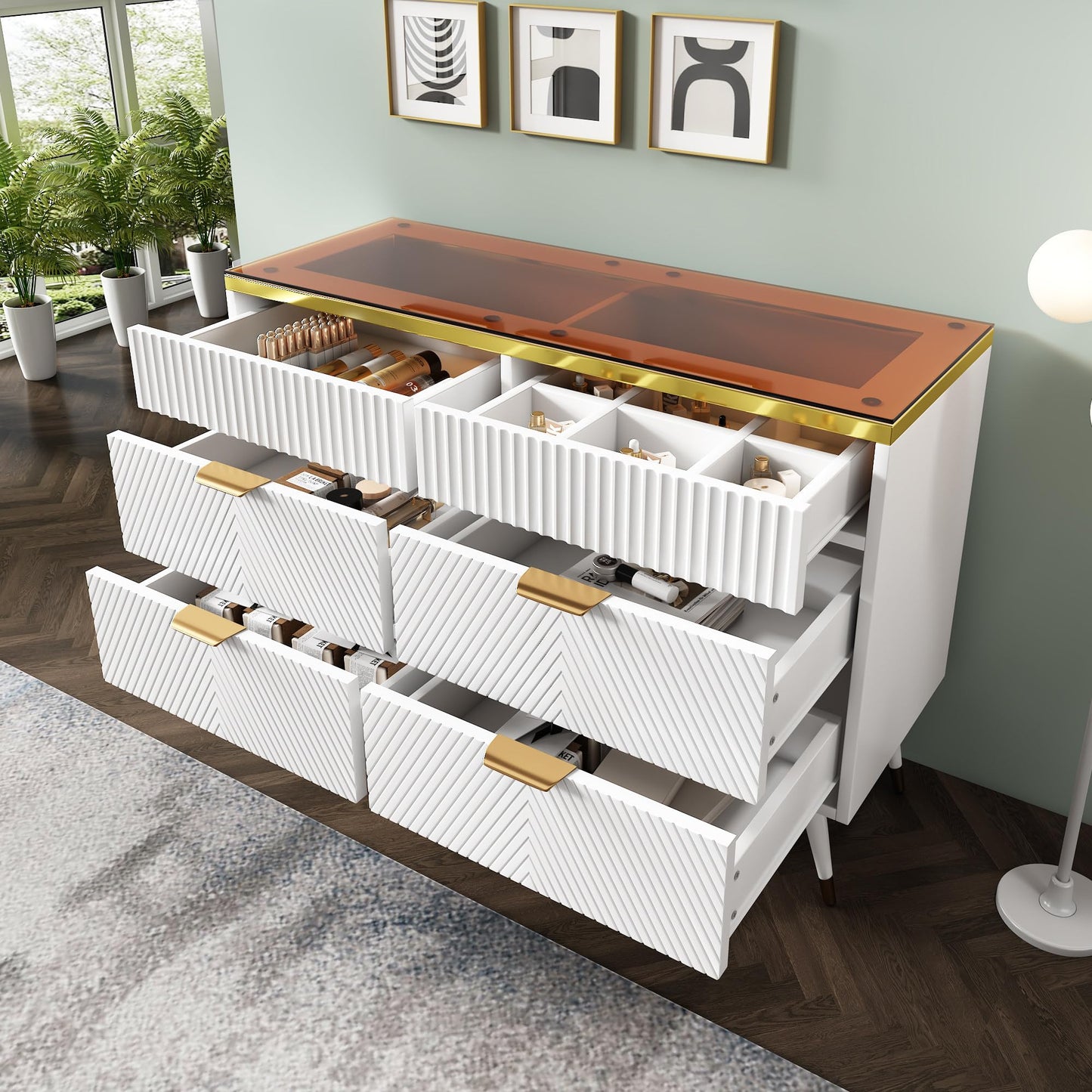 120 x 40 x 76 cm Blanc Commode Rangement avec 6 Tiroirs, Commode Salon en Verre Ambré, Buffet Moderne avec Résistance à La Pointe, Armoire Rangement Applicables à Salon, Chambre ,Salle à Manger