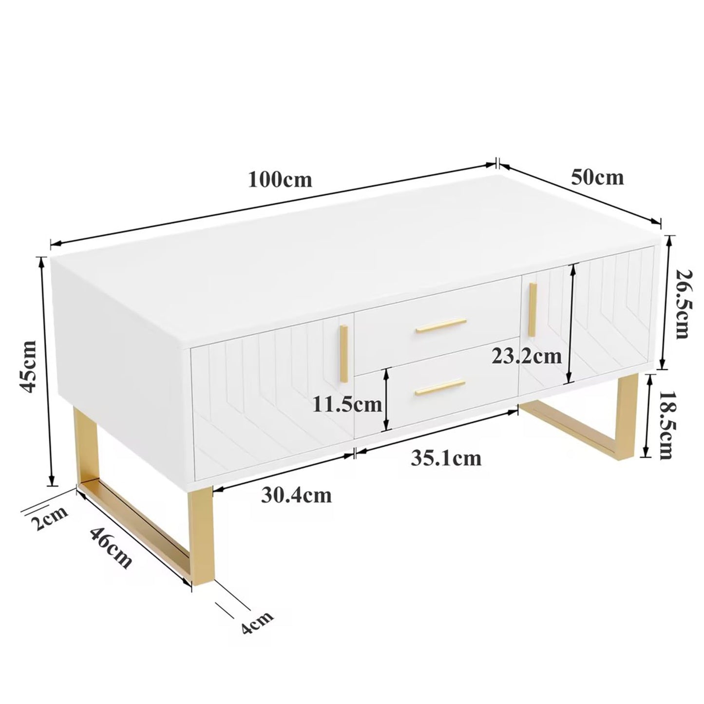 Peiaw Table Basse,Table Basse Salon,Table Basse Brillante,Table Basse carrée avec tiroirs,équipée de Deux Portes,Poignées et Pieds dorés,avec Grand Espace de Rangement,Table Basse 100 x 50 x 45cm