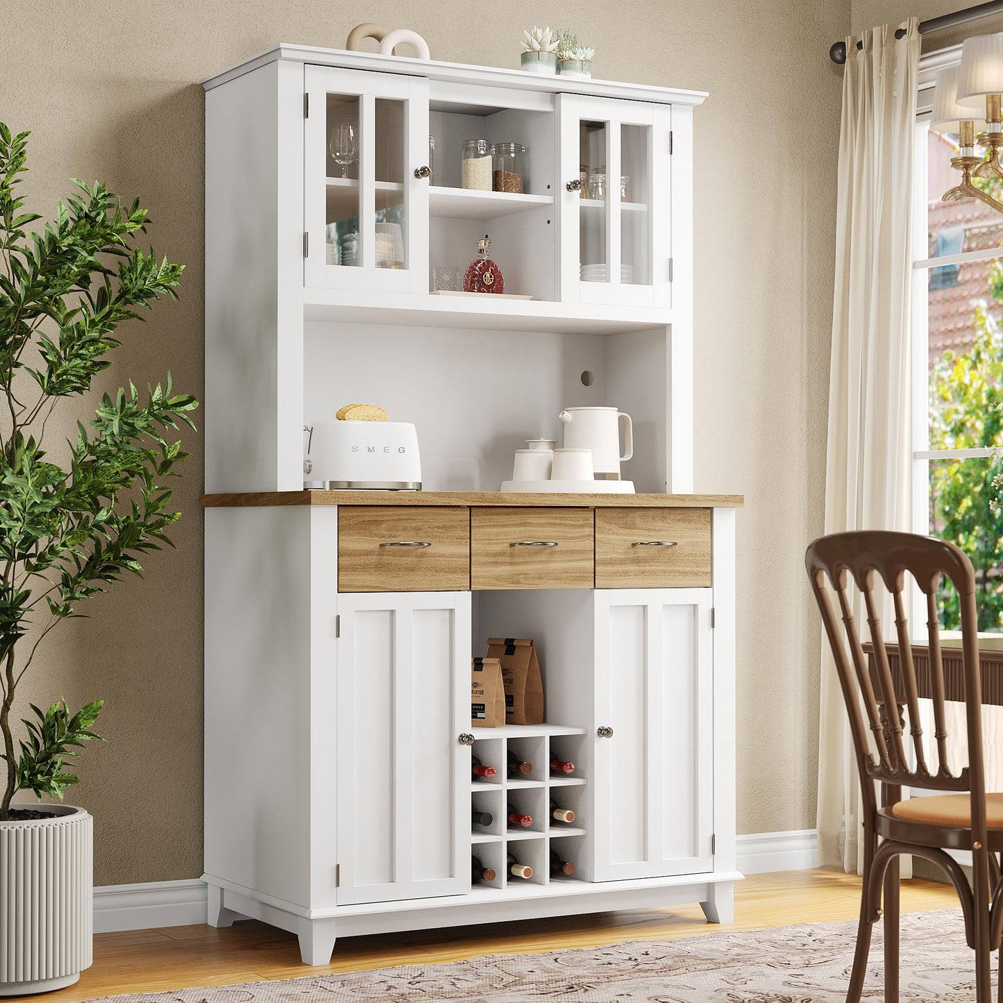Armoire de Cuisine, Enfilade Buffet Haute, Vitrine avec Étagères Réglables et Casier à Vin, Buffet de Salon avec Éclairage LED, Beaucoup D'espace de Rangement, 106*40*179.5cm (Tiroirs Blanc/Bois)