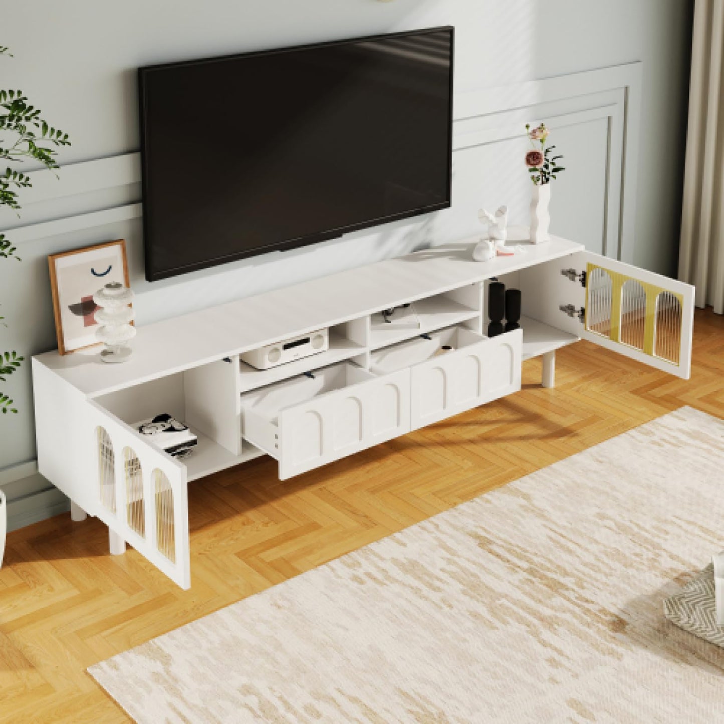 Meuble TV, Table TV à Porte vitrée cintrée, Meuble TV de Salon avec Porte Push-Open, Banc TV, Meuble TV à Structure symétrique, Meuble TV de Salon avec cloison Ouverte, Meuble TV 180cmx30cmx48cm