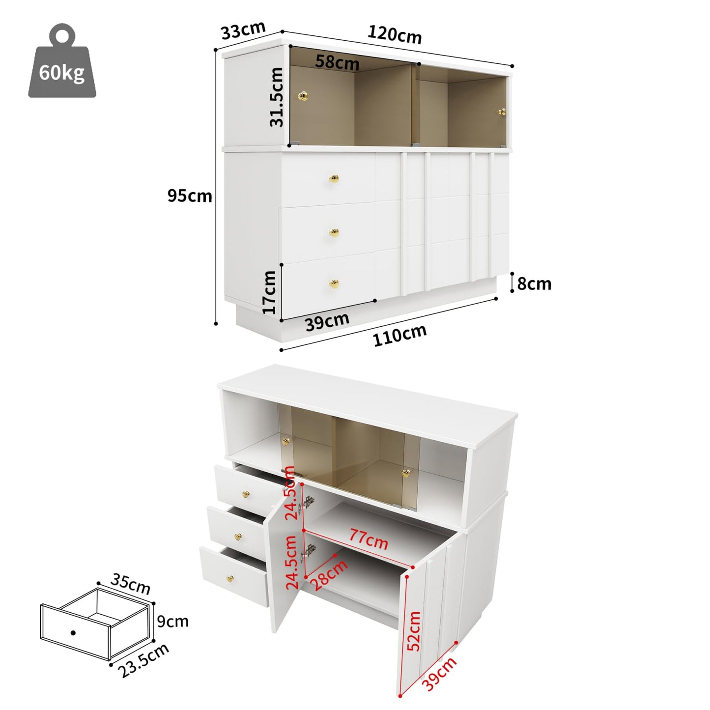 Buffets, meuble de rangement,meubles de salon modernes,Armoires de cuisine blanches,Commode avec poignées dorées et portes coulissantes en verre fumé,buffet avec 2 portes et 3 tiroirs 120×33×95 cm