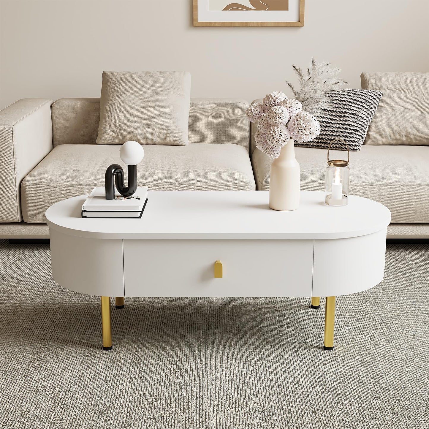 Peiaw Table Basse,Table de Salon,Table Basse Moderne,Table Basse avec tiroir,Table Basse de Salon Blanche,Poignées dorées et Coins incurvés,1 tiroir,Table Basse 108 x 50 x 40 cm