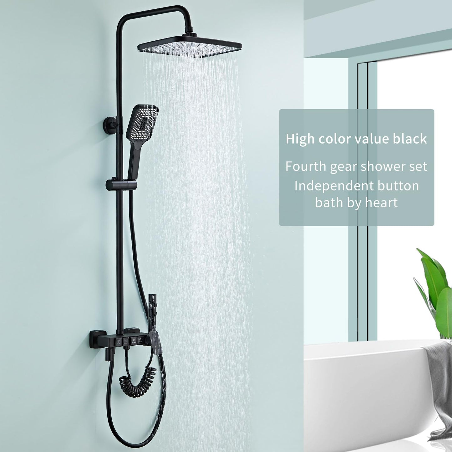 Colonne de Douche Noir, Ensemble de Douche Mural à Boutons 4 Fonctions avec 31.5cm * 21cm Tête de Douche, Douchette à Mains, Robinet de Baignoire, Bidet Pulvérisateur, réglable en Hauteur