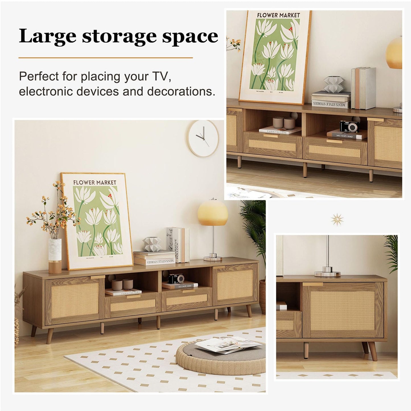 Meuble TV 200cm, Armoire De Télévision Rotin Tressé, Meuble Télé de Salon Pieds D'armoire Réglables, Table Télévision Convient Aux Téléviseurs de 90 Pouces, 2 Portes, 2 Tiroirs et 2 Étagères Ouvertes