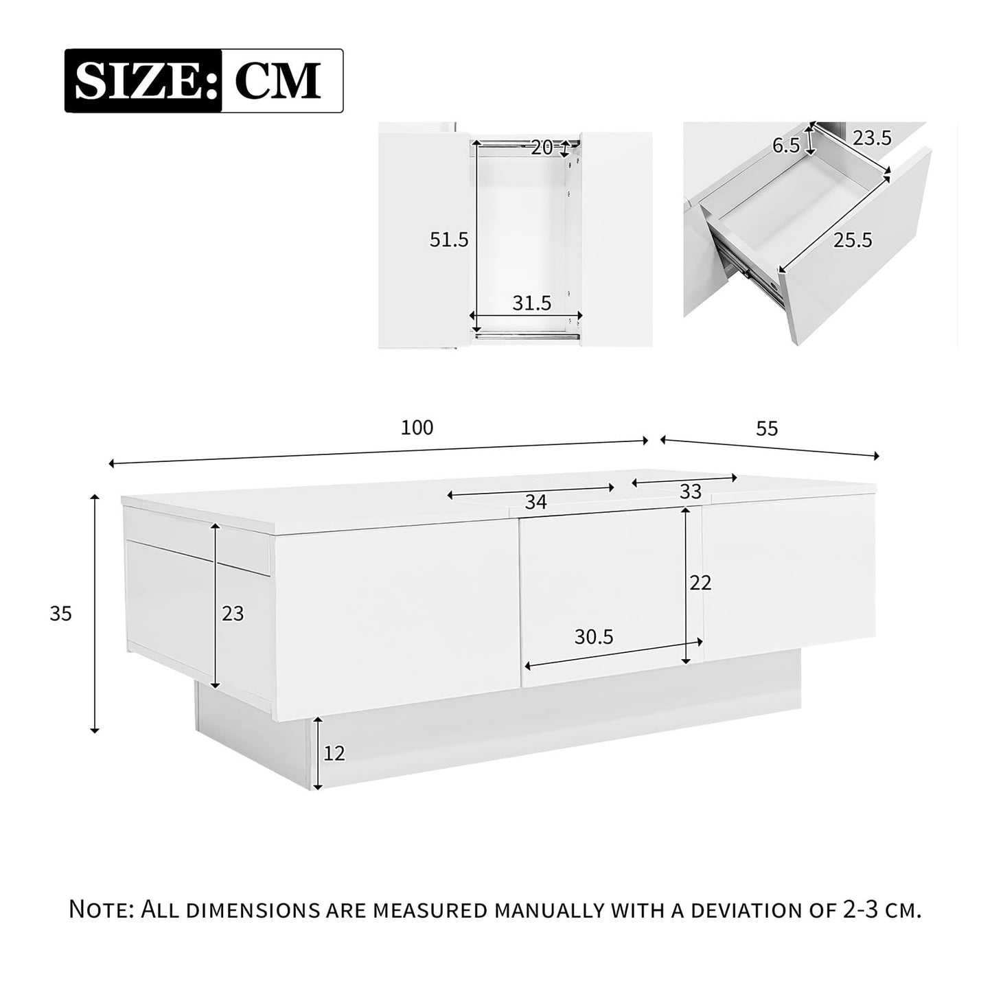Peiaw Table Basse,Table Basse Blanche à Haute Brillance,Table Basse avec Fonction coulissante,Table Basse avec Deux tiroirs et Deux Compartiments de Rangement cachés,Table Basse 100 x 55 x 35 cm