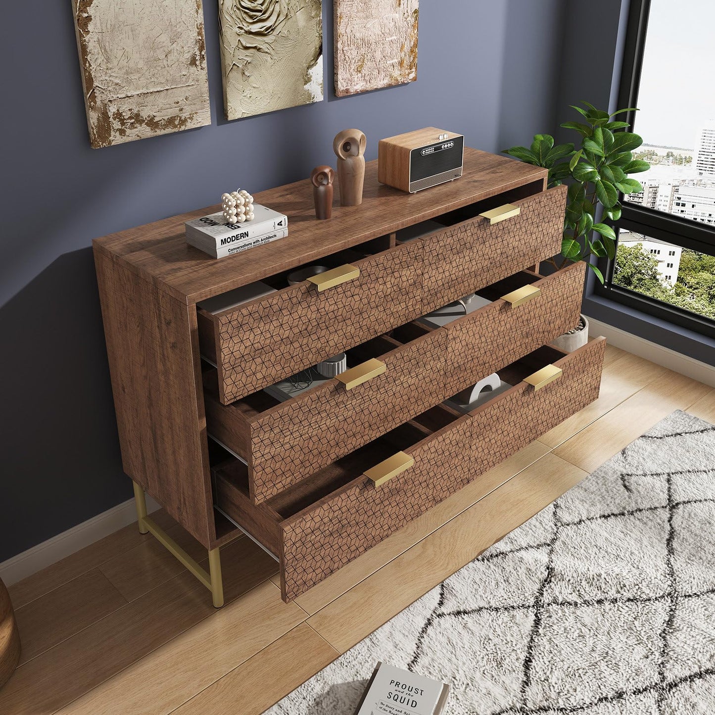 Kommode, Sideboard, Küchen Schrank, Mehrzweckschrank 6 Schubladen mit Griffen, Kippsicher, Höhenverstellbar, Geeignet für Wohnzimmer, Schlafzimmer, Esszimmer, 120 x 75 x 40 cm (B/H/T), Walnussfarbe
