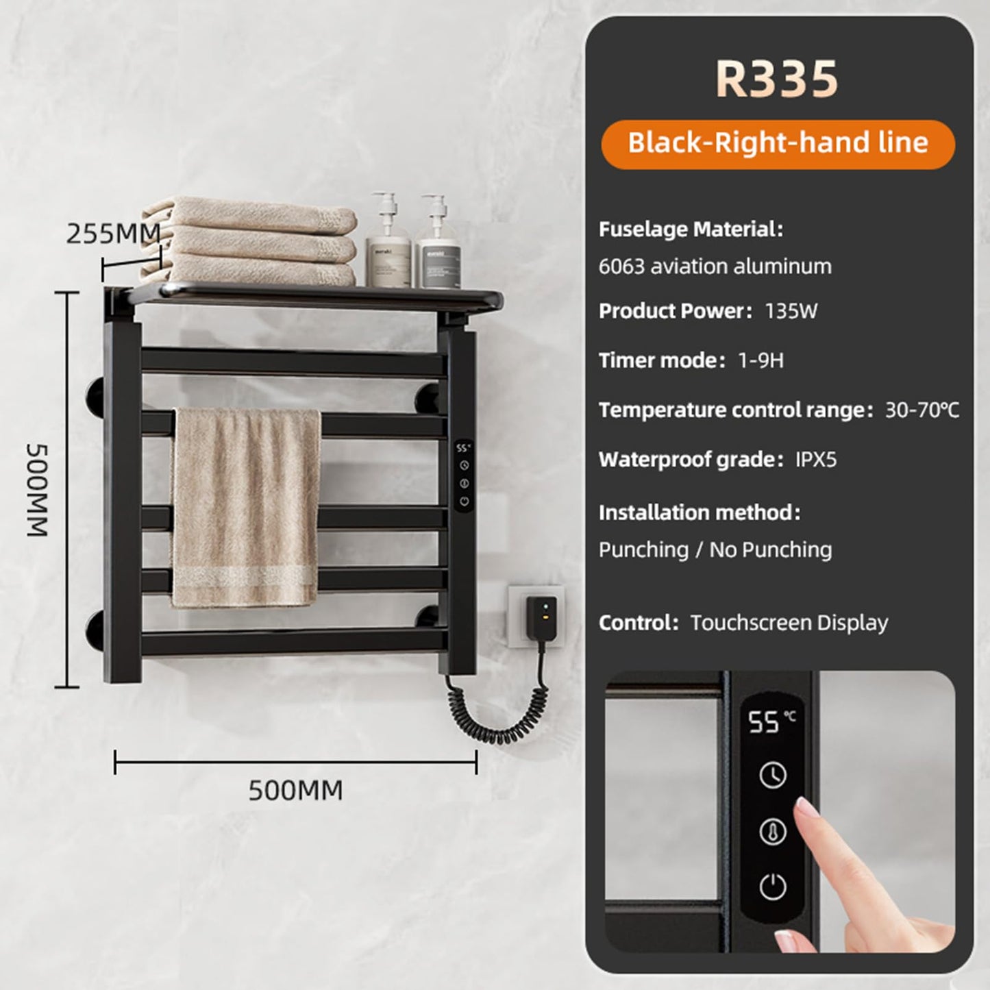 OihPaw Sèche-serviette électrique 135W Chauffe-Serviettes 50x50cm Porte Serviettes électrique Economie d'énergie avec Minuterie, LCD Écran Tactile, Thermostat, pour Salle de Bain, Cuisine