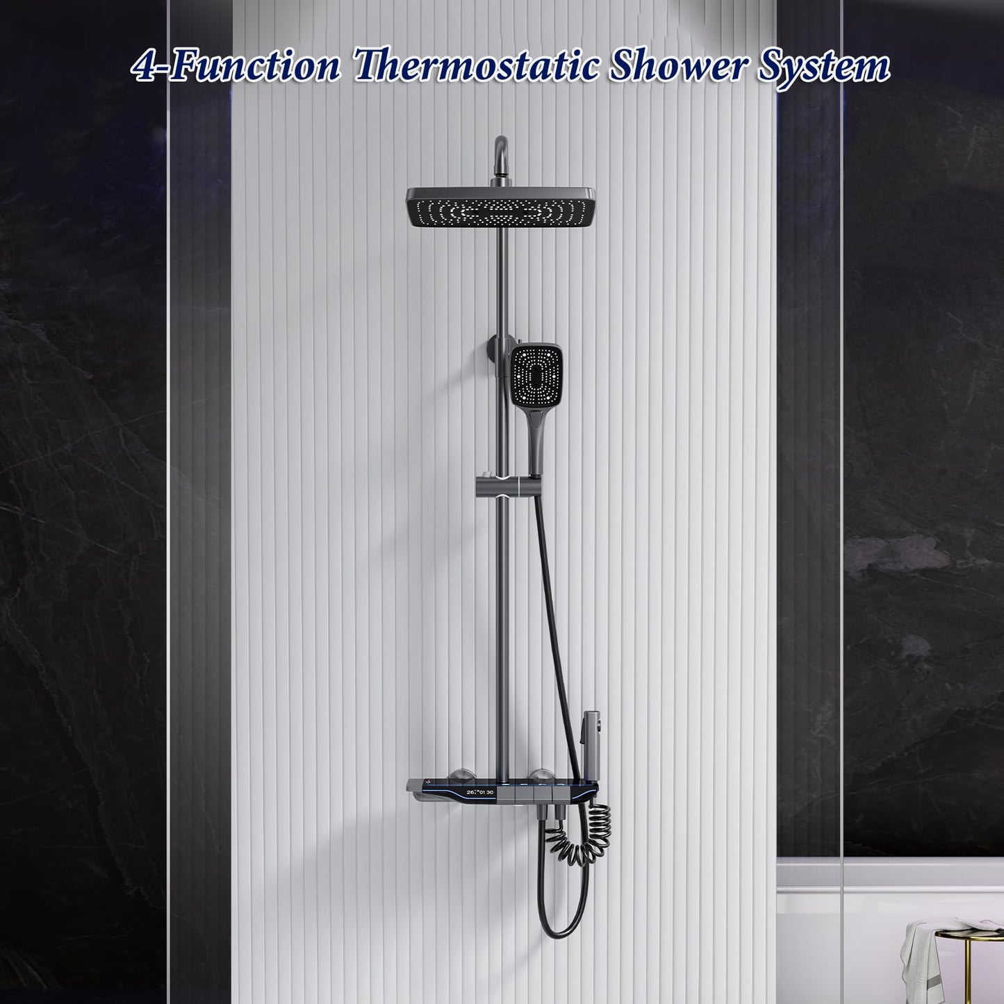 Colonne de Douche Thermostatique Gris Pistolet Colonne de Douche avec Affichage la Température Ensemble de Douche avec Mitigeur Hauteur Réglable, Pomme Douche de Tête 31x20CM et Douchette 3 Jets