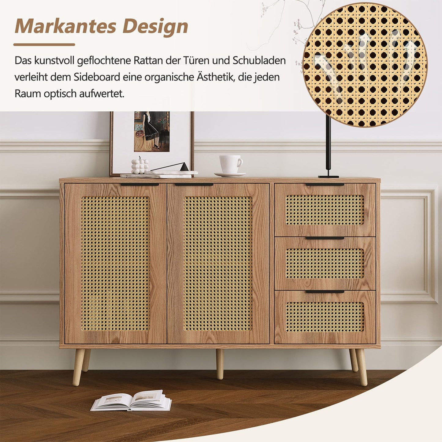 Meuble de Rangement, Buffet de Cuisine avec 2 Portes et 3 Tiroirs, Armoire de Salon Conception de Tissage en Rotin, Étagère Rangement Étagères Réglables, Poignée en Métal Peint, 120x38x78cm