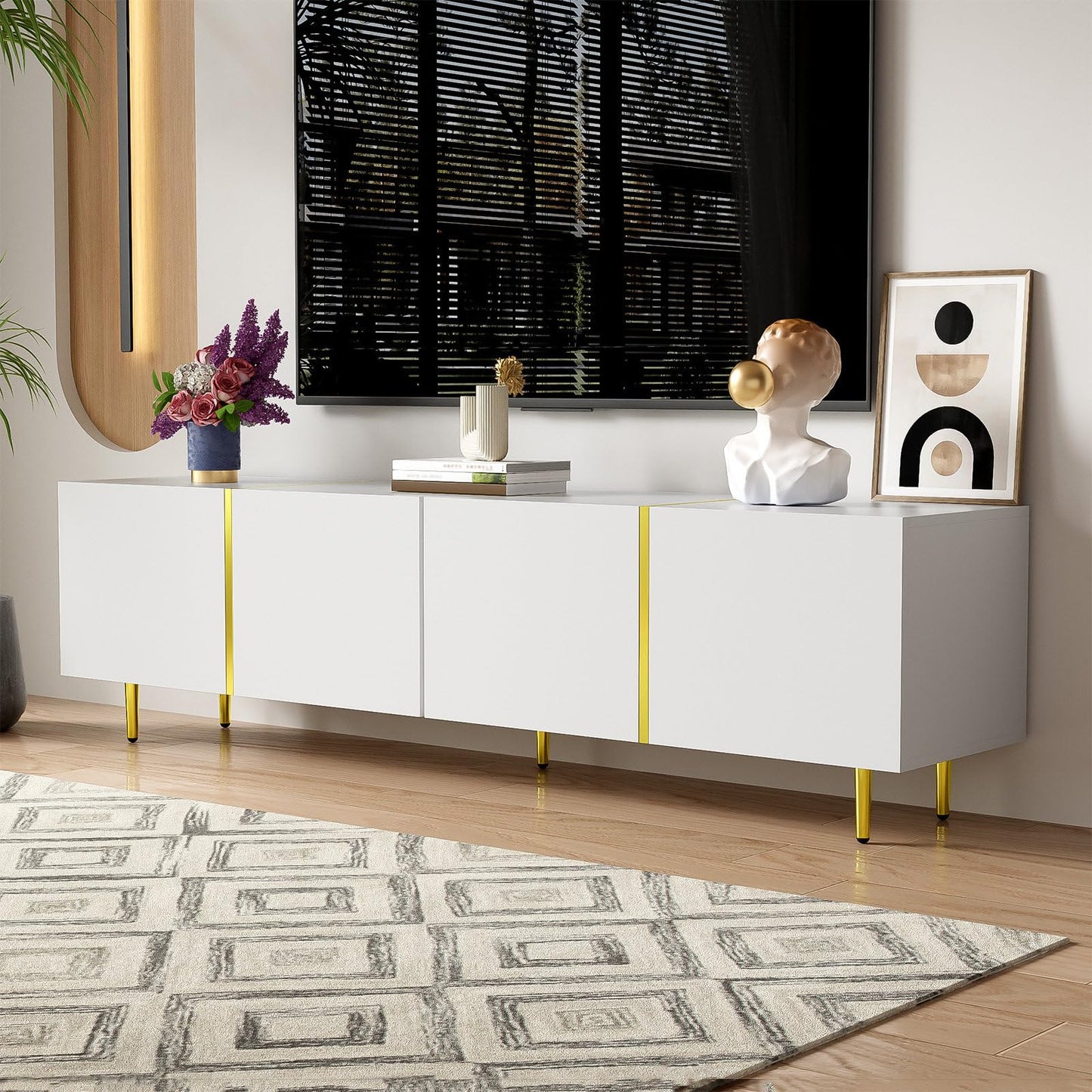 Meuble TV 170cm, Meuble Télé de Salon Quatre Portes Haute Brillance, Armoire De Télévision avec 2 Ports de Gestion des Câbles, Table Télévision Peut Accueillir Un Téléviseur de 70 Pouces, 170x35x46cm
