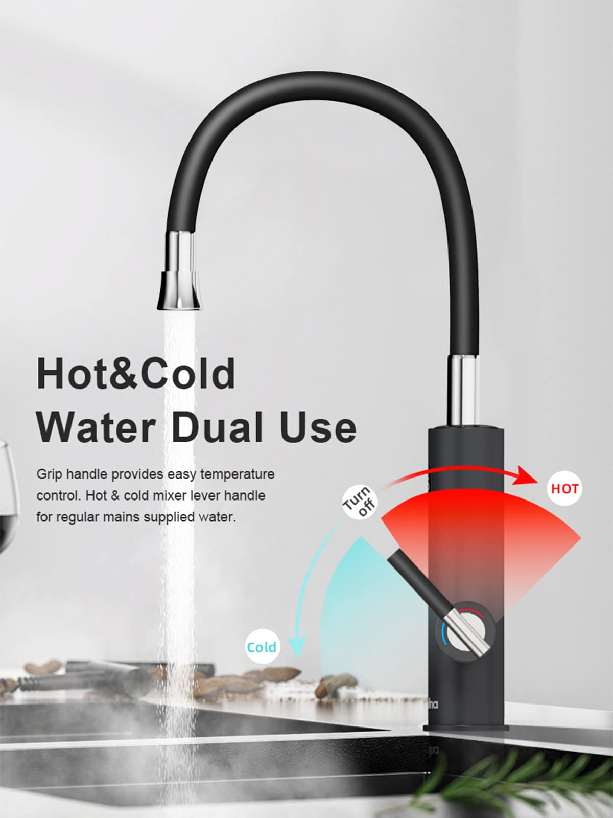 Robinet Électrique Сhauffe-Eau Instantané 3200W, Rotatif à 360° Robinet Evier de Cuisine en Acier Inoxydable avec Affichage de la Température LED et Flexible Bec, 230V Robinet Chauffant Instantané