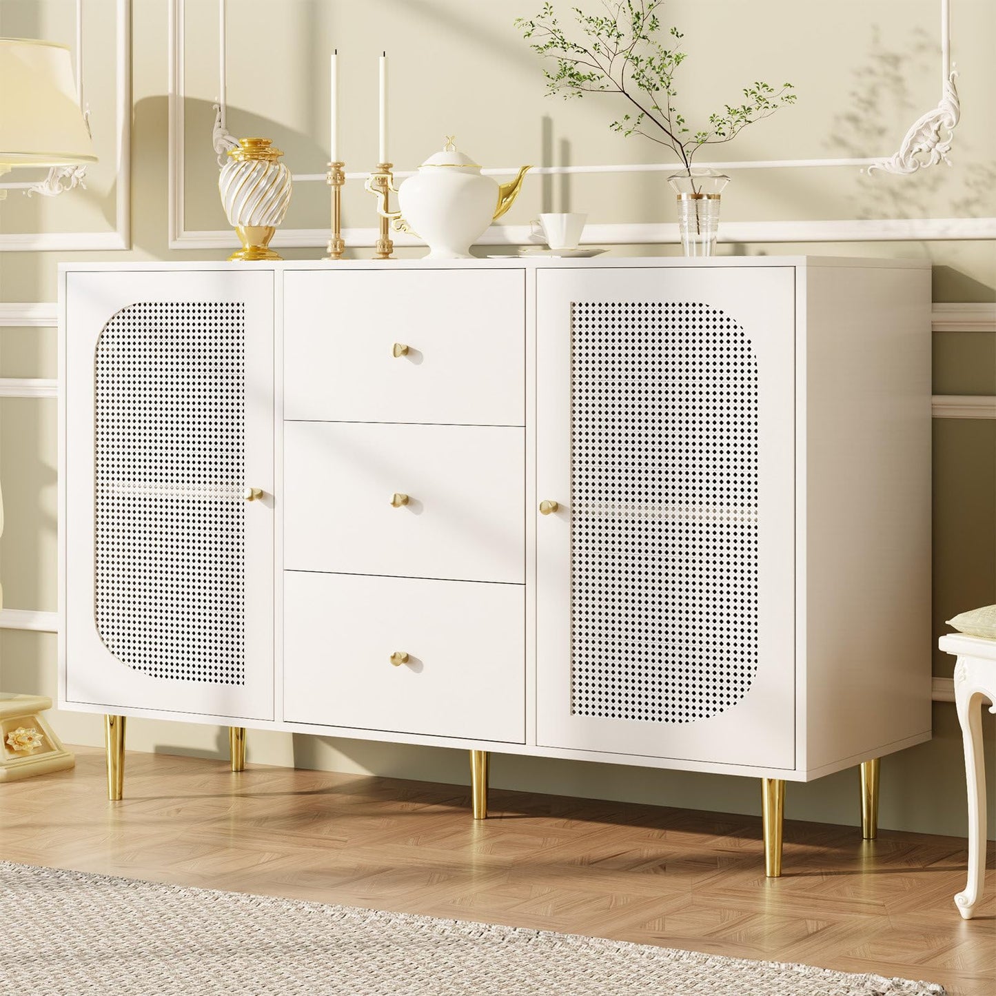 Sideboard, Kommode, Küchenschrank Rattan-Schranktür, Mehrzweckschrank mit 2 Türen und 3 Schubladen, Schubladenschrank Kippschutz, Aufbewahrungsschrank Kratzfeste Oberfläche, 120 x 90 x 40 cm (B/H/T)