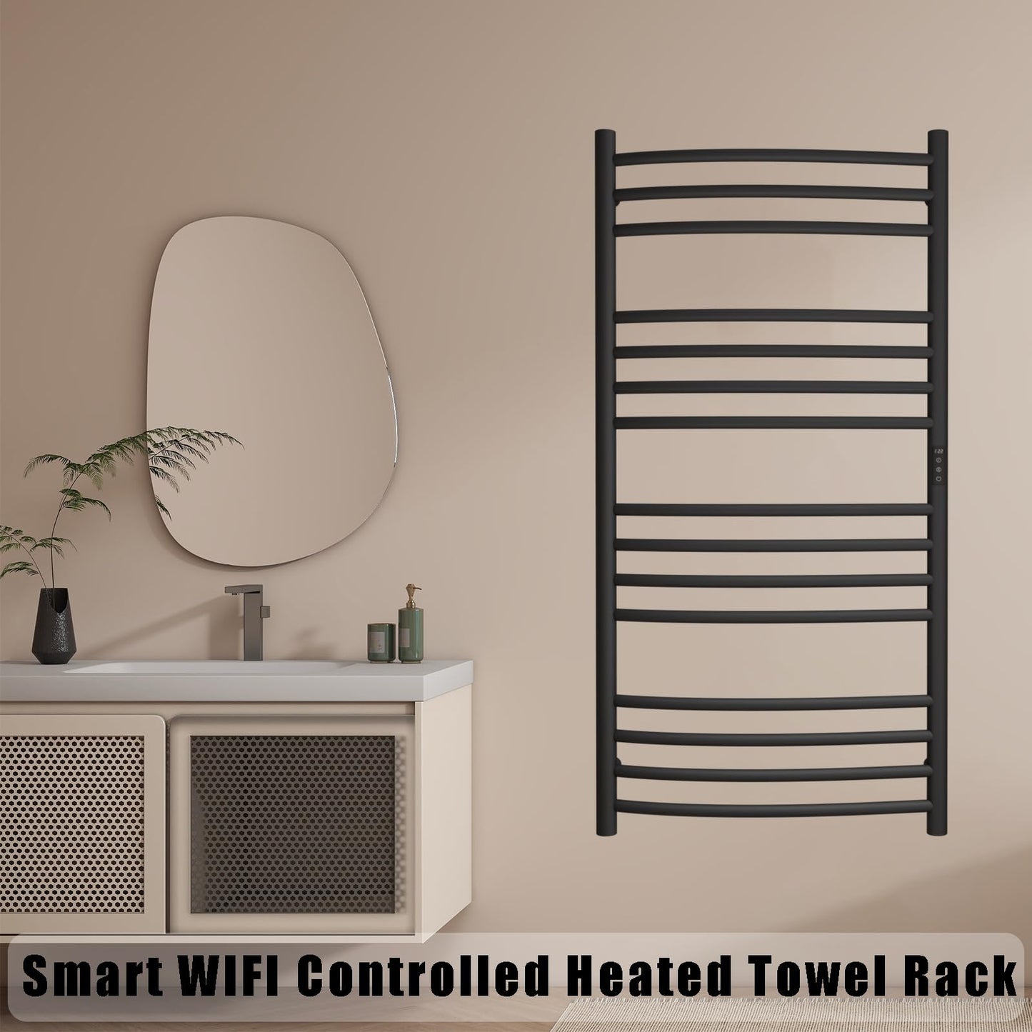 Sèche-Serviette Électrique Noir,185 W Chauffe-Serviettes 1100×600 mm WiFi Intelligent Porte-Serviettes Chauffant Électrique 15 Barres Courbes Commande Tactile à LED