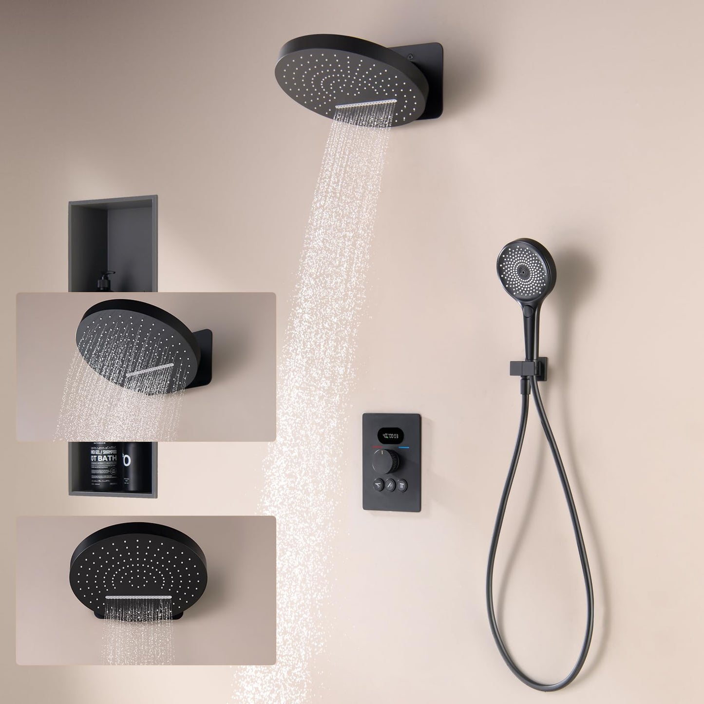 OihPaw Ensemble de Douche Encastré Colonne Douche Thermostatique Noir Système de Douche avec Affichage Numérique LED, 32CM Cascade et Pluie Tête de Douche Rond