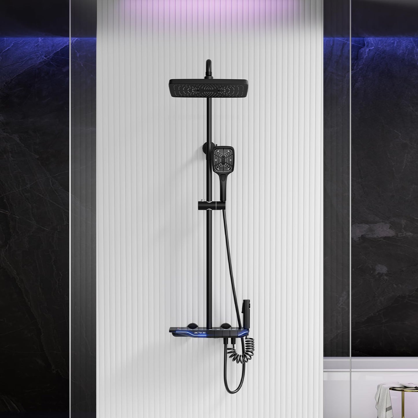 Colonne De Douche Avec Mitigeur Thermostatique, Noir Système De Douche avec Affichage la Température Ensemble de Douche Hauteur Réglable, Douchette à Main 3 Jets, 31x20CM Pommeau de Douche