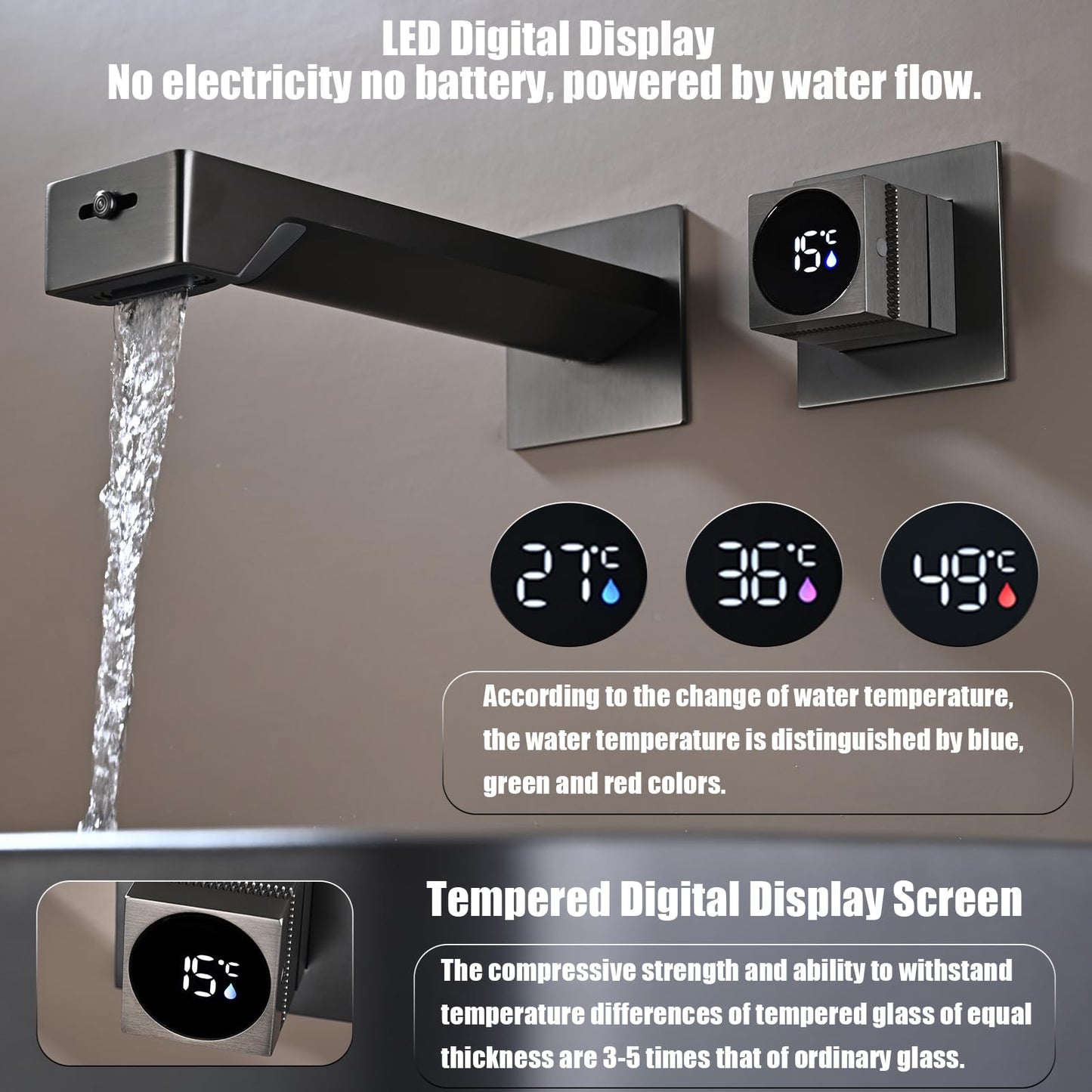 Mitigeur Lavabo Affichage Numérique LED Robinet Lavabo Gris Pistolet Robinet Cascade Mural Robinet Salle de Bain 3 Fonctions Mitigeur Salle de Bain avec Boîte Intégrée