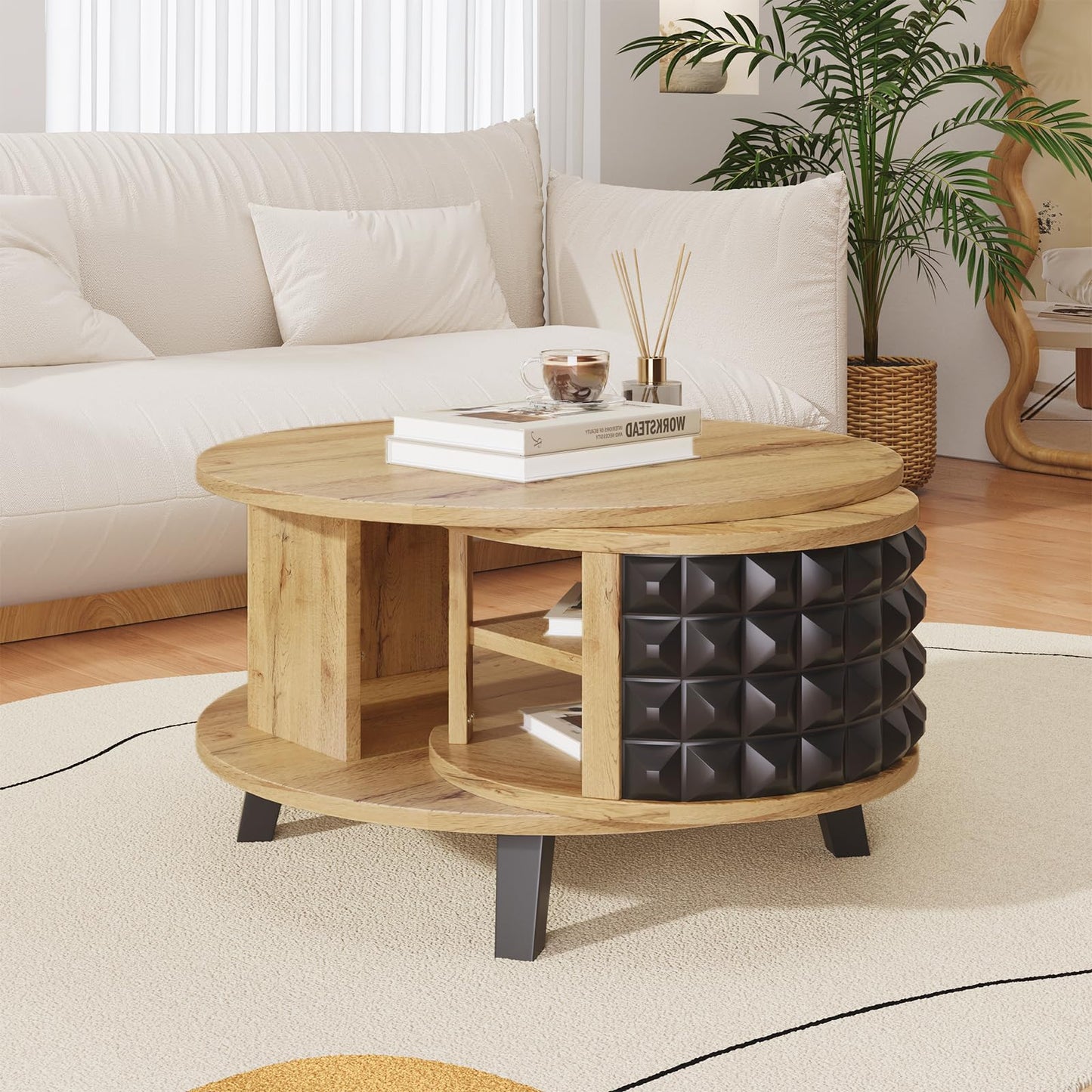 Table basse, table pivotante, table basse ronde, avec étagère interne cachée, table basse couleur bois avec pieds noirs, étagère de rangement rotative à 360 degrés, table basse 85,2 x 80 x 45,2 cm