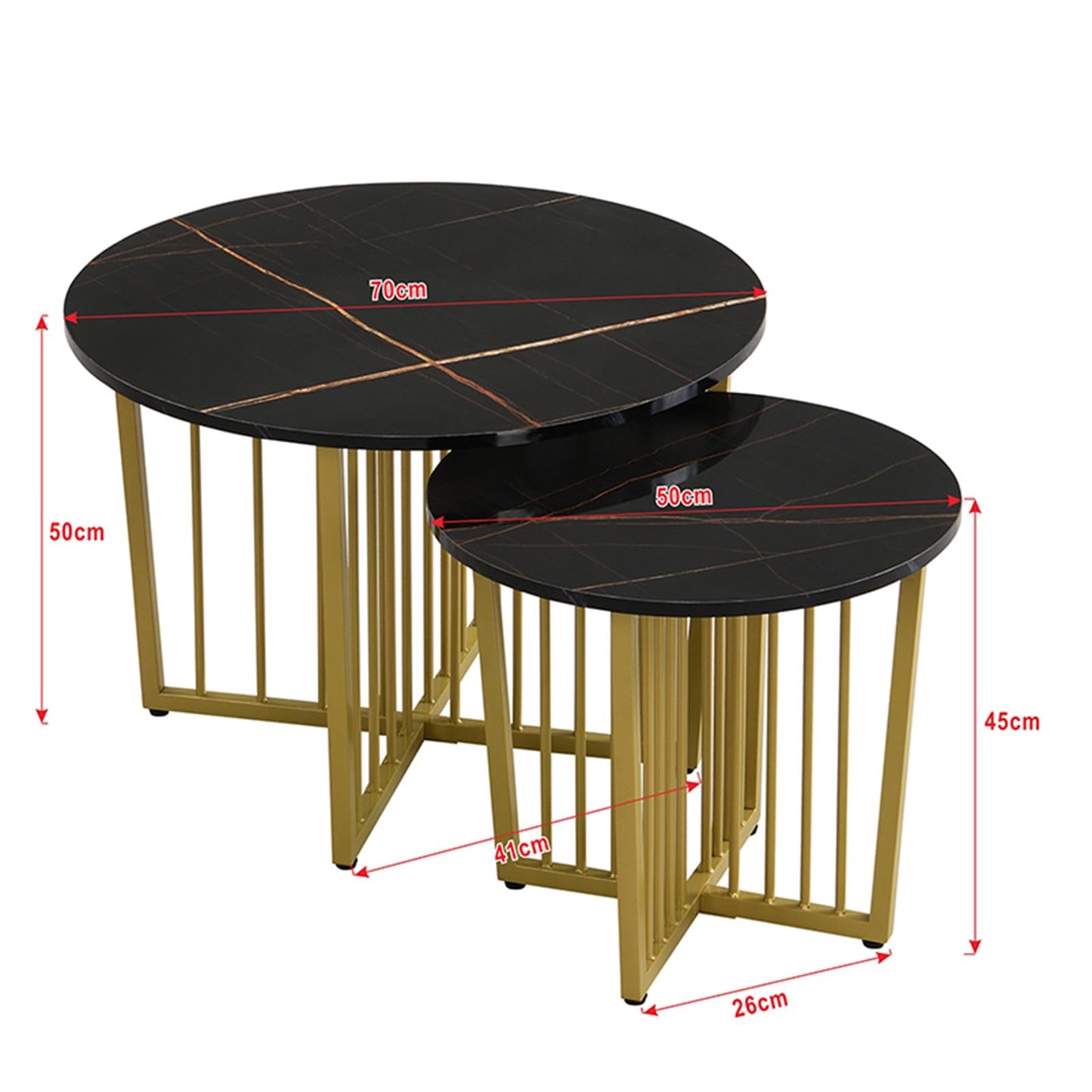 Peiaw Table Basse,Table de Salon,Table Basse Ronde,Lot de 2 Tables Basses,Table de Salon Moderne,Aspect marbre Noir Brillant et Cadre en Acier doré,Table de Salon 70x70x50cm et 50x50x45cm